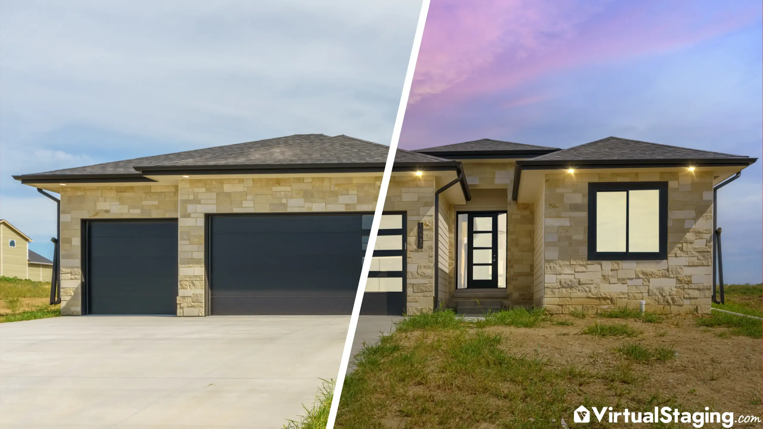 A before and after image of a property exterior using virtual twilight photo editing