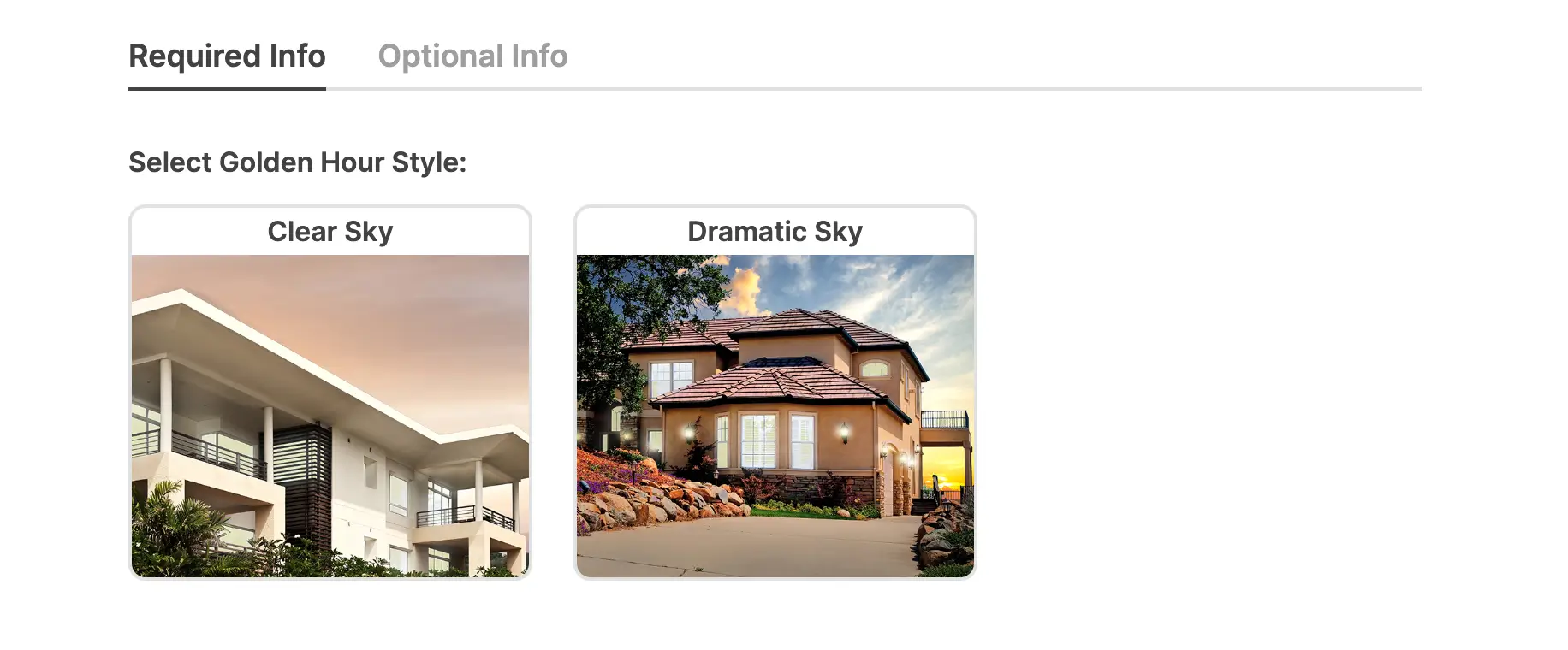 A screenshot depicting a part of the process of selecting a twilight real estate photo editing service on virtualstaging.com