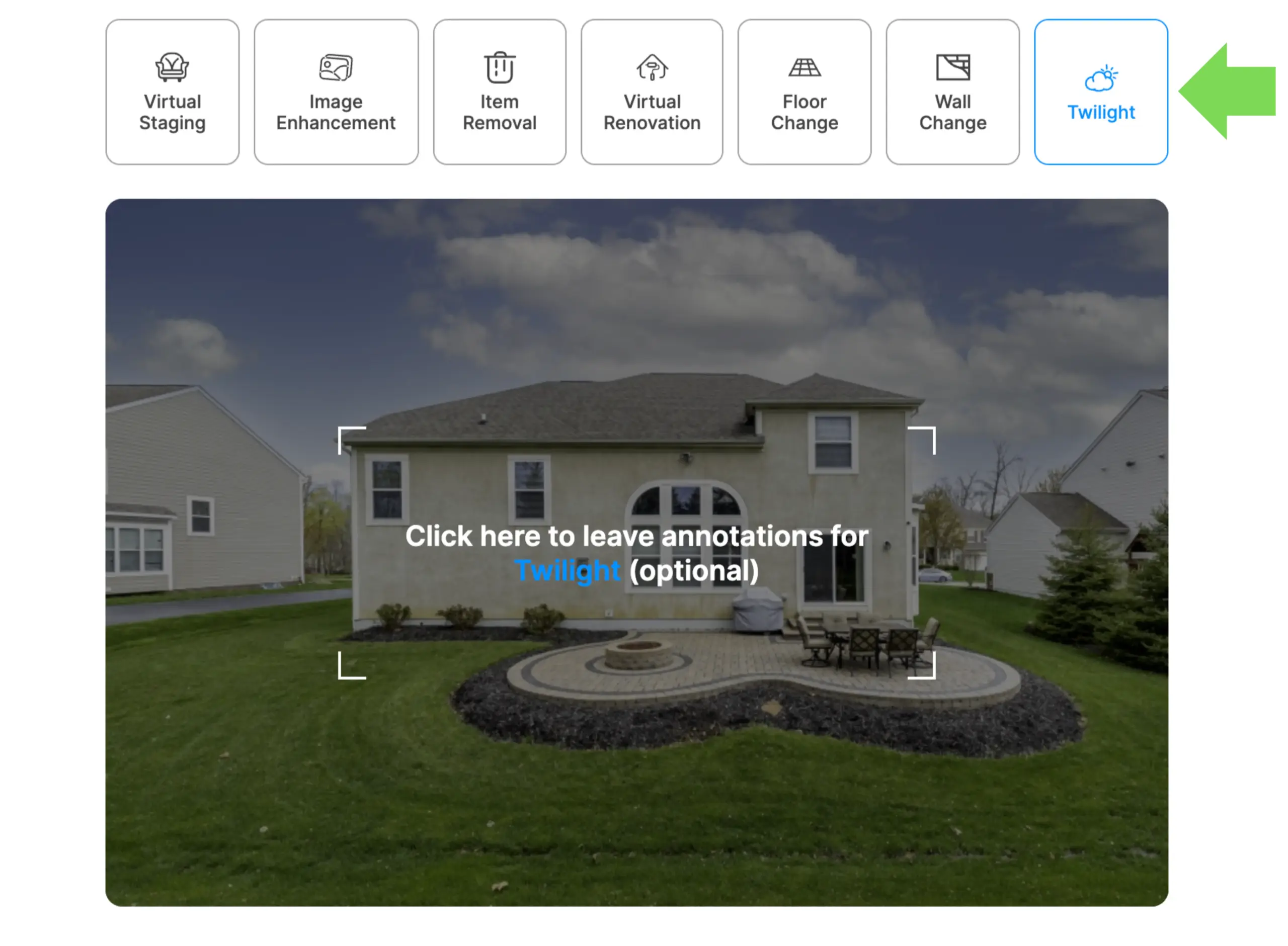 A screenshot depicting the process of selecting a twilight real estate photo editing service on virtualstaging.com
