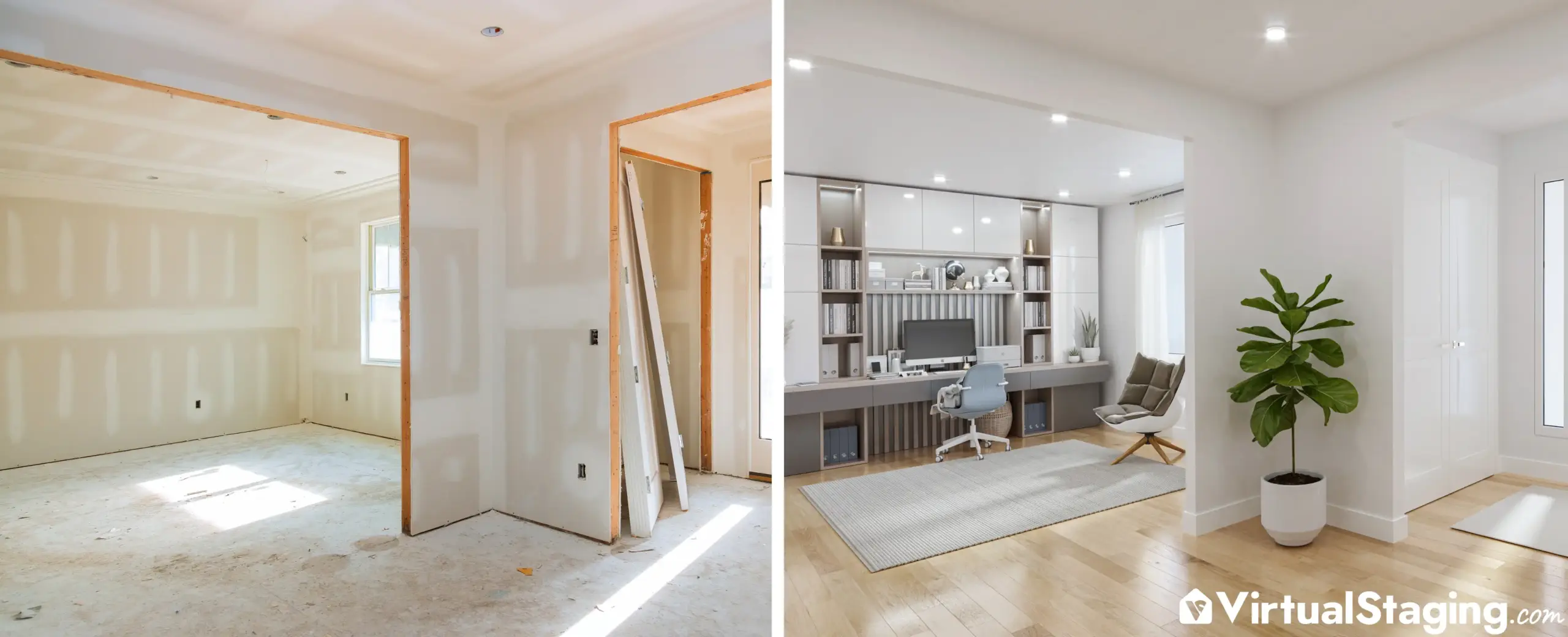 A before and after image of an office/hallway area that's been virtually renovated