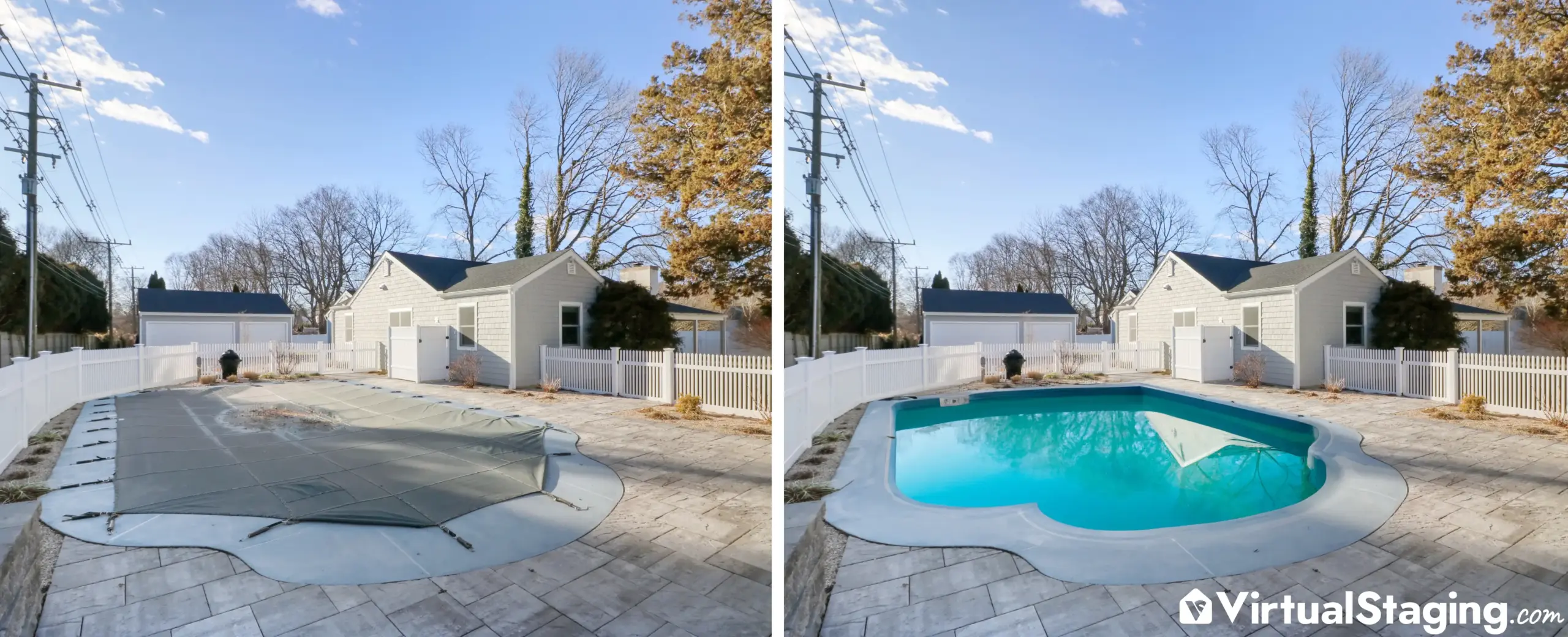 A before and after image of professional image enhancement where a covered pool has been digitally turned into an open one