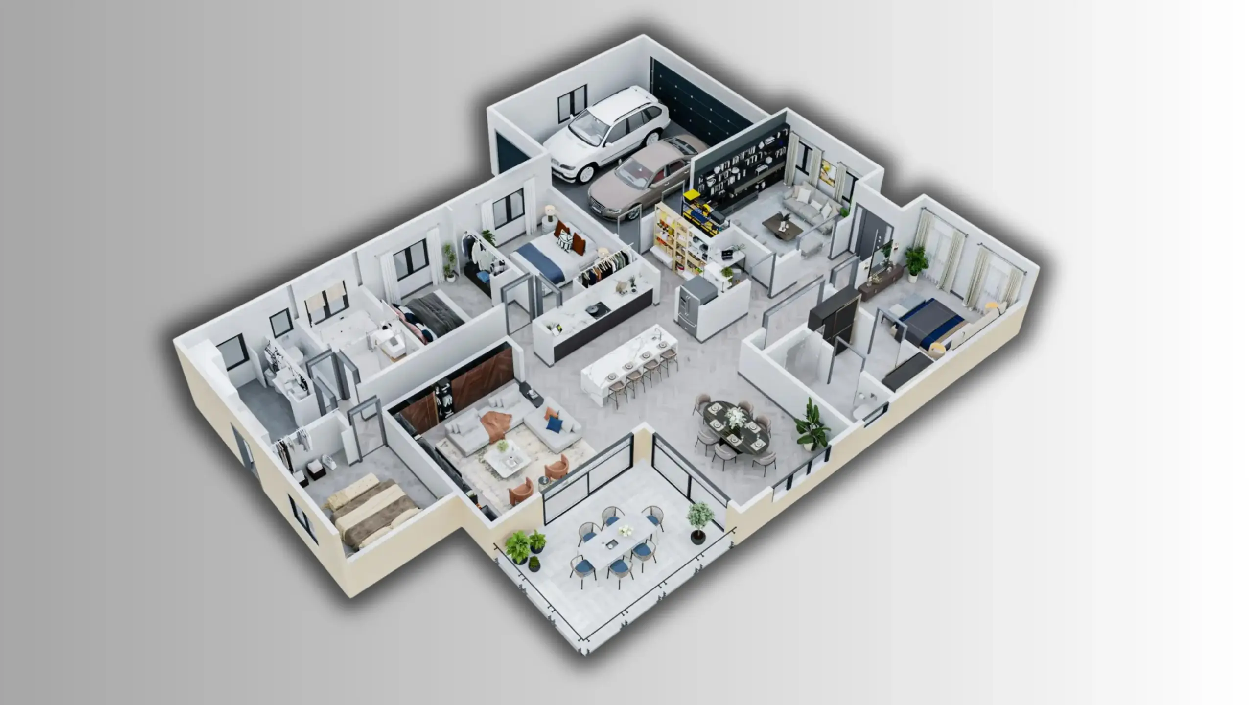 An image showing a realistic 3D floor plan rendering