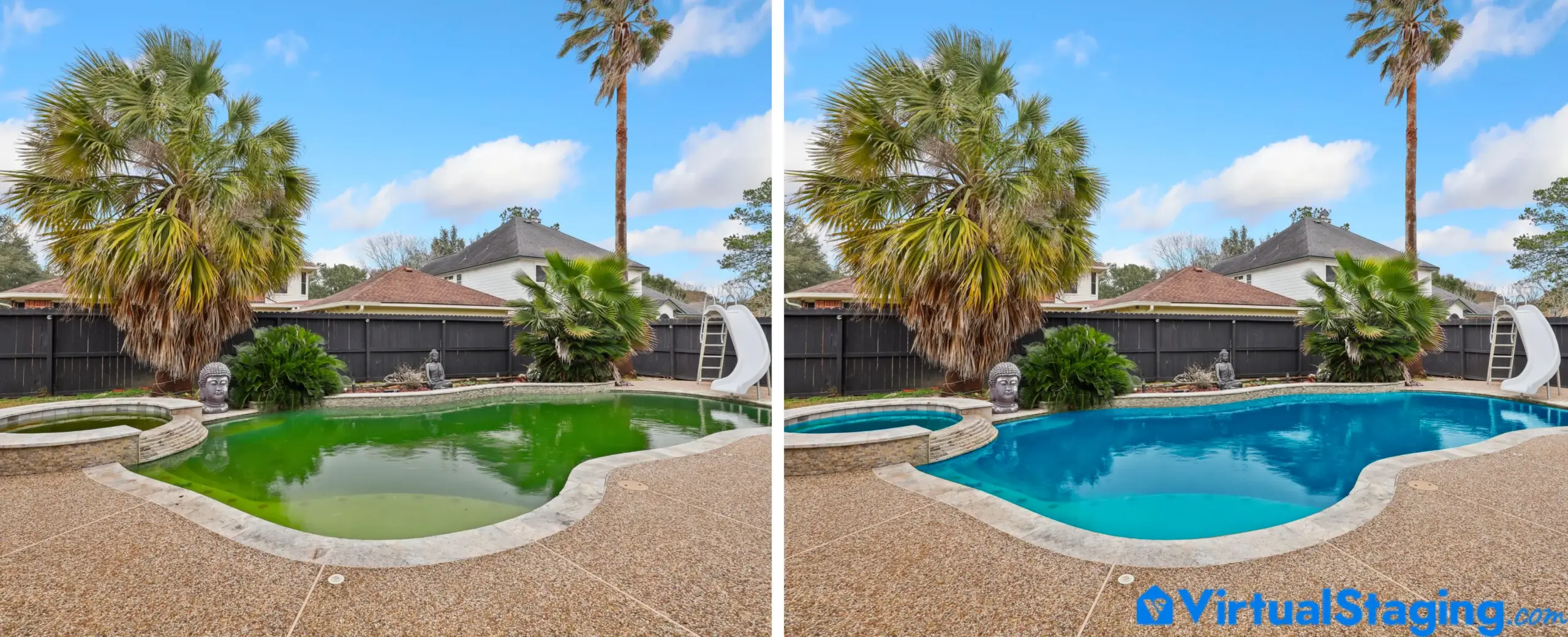 An image showing pool colors changed from green to blue as part of the image enhancement service
