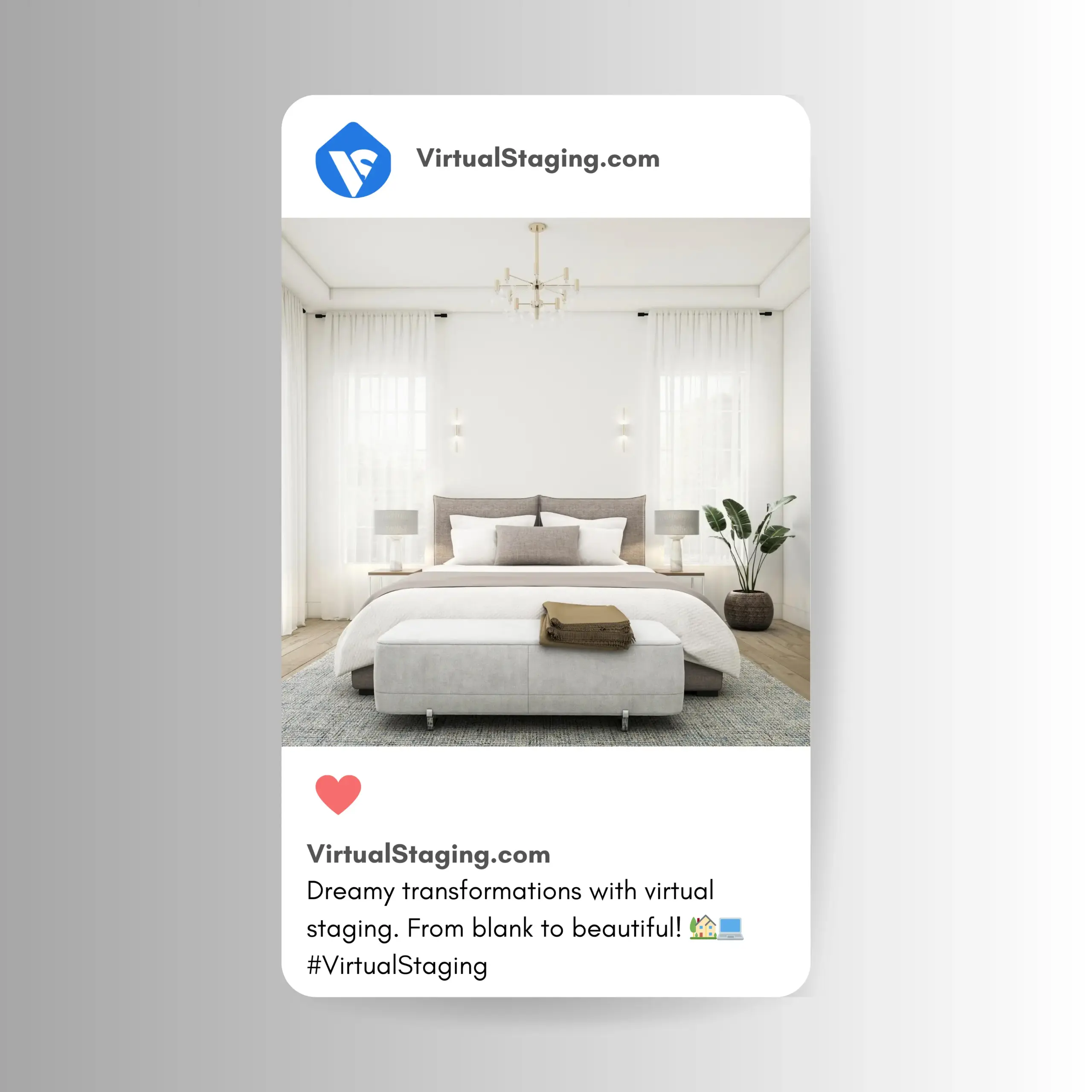 Social media post from VirtualStaging.com featuring a virtually staged bedroom with modern decor, highlighting a transformation from blank to beautiful.