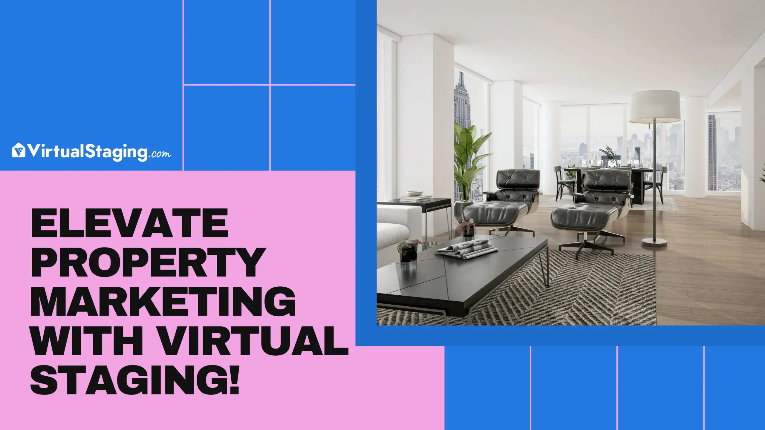 Promotional image for virtual staging services showing a digitally furnished modern living room with city skyline view.