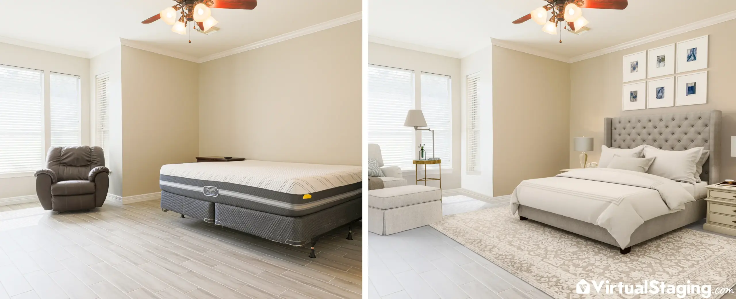 An example of digital furniture removal, and replacing it with virtual staging