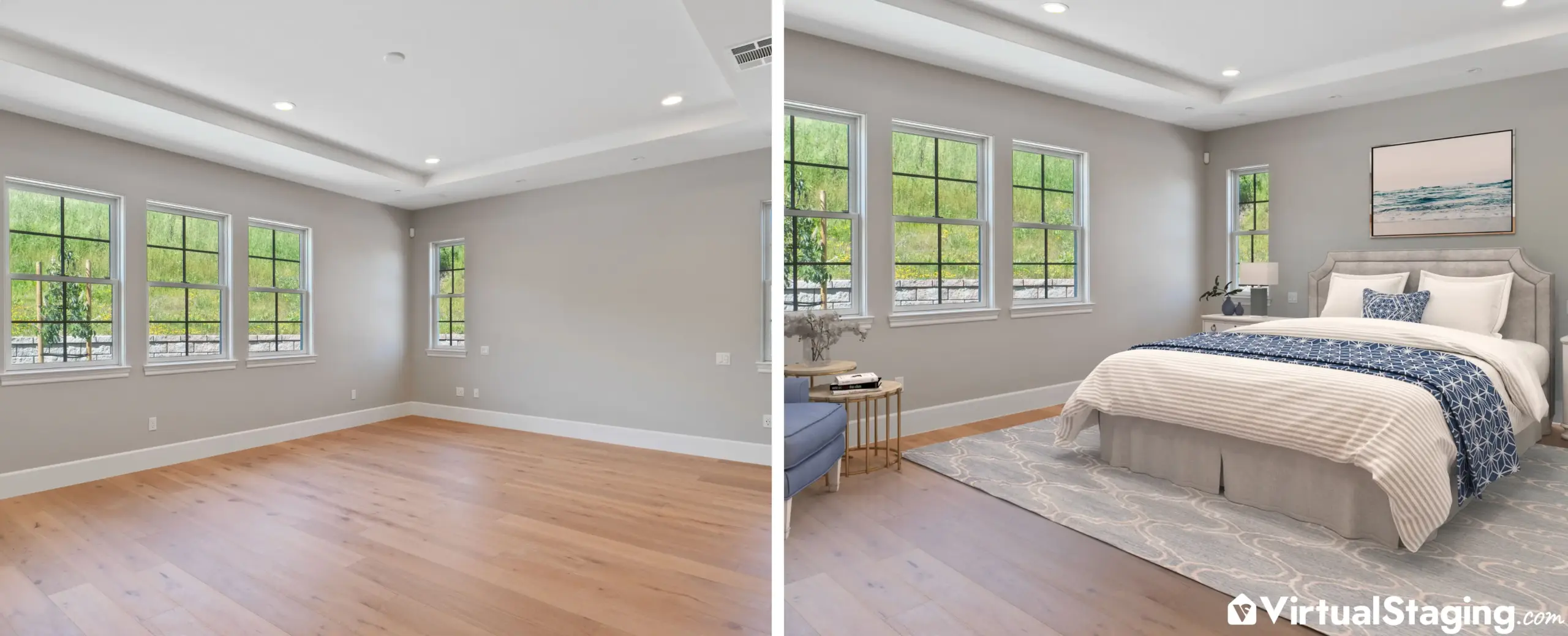 A before and after transformation of a bedroom using virtual staging