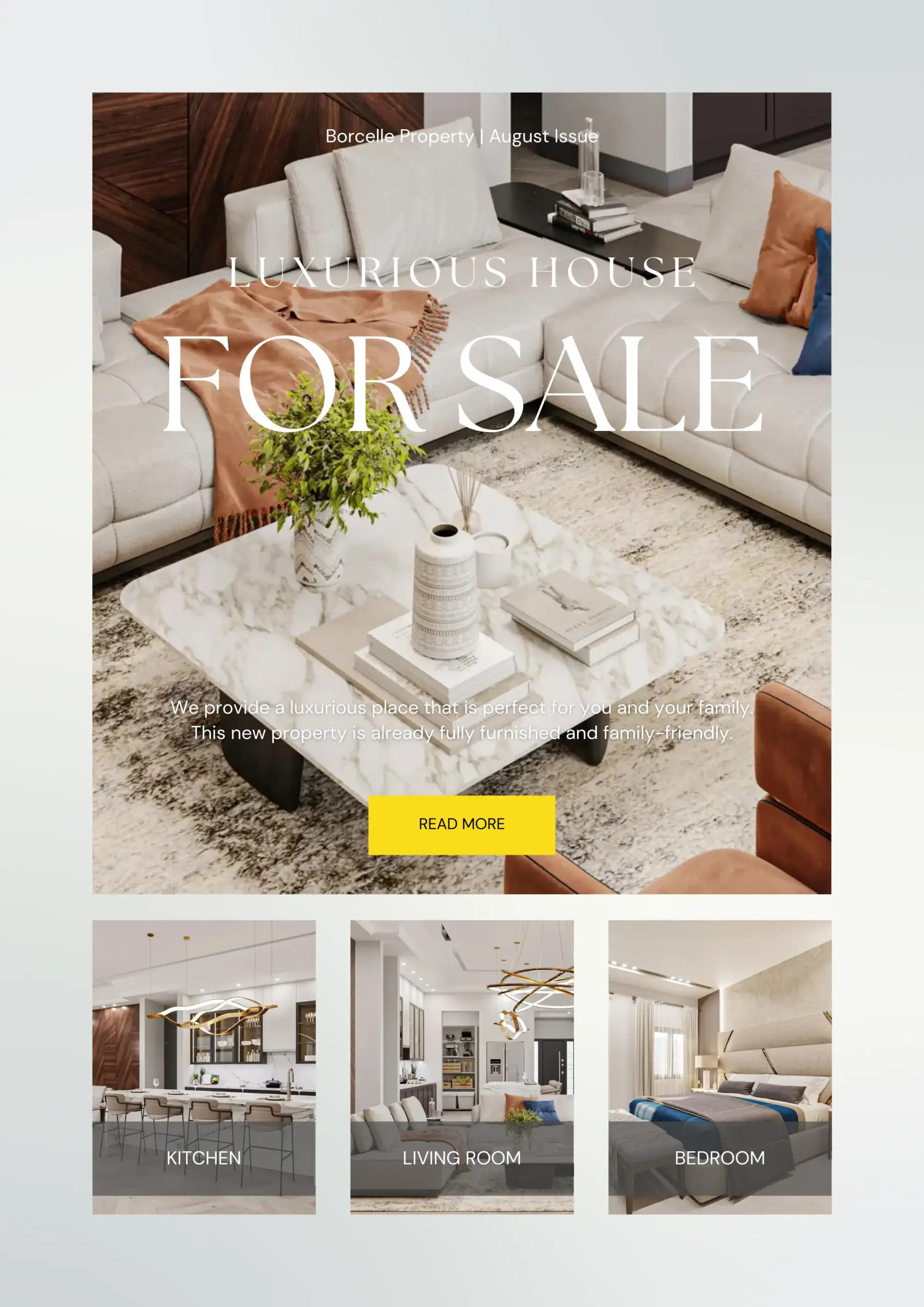 Advertisement for a luxurious house for sale, featuring images of a virtually staged kitchen, living room, and bedroom, highlighting upscale furnishings.
