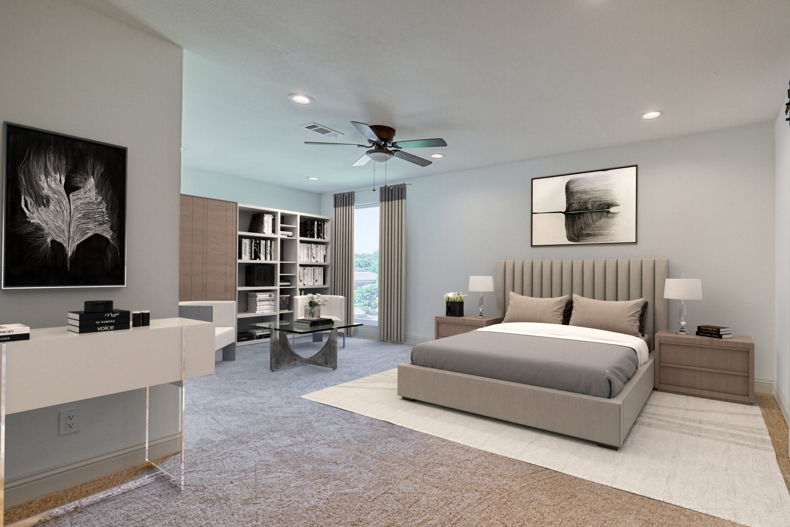 Virtual staging of a bedroom in a modern style of interior design