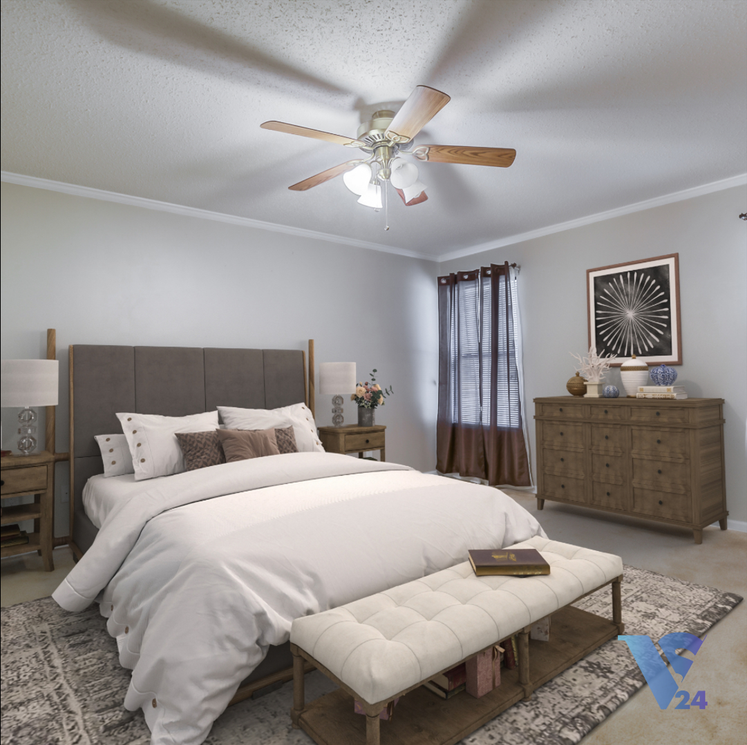 Virtual staging of a bedroom in a Restauration Hardware style of interior design