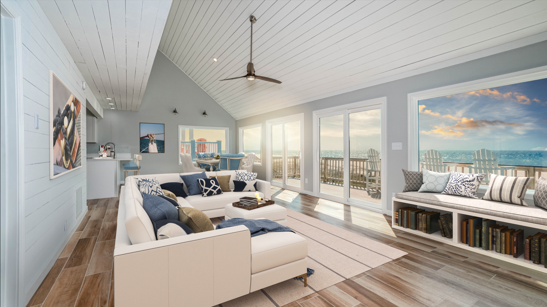Virtual staging of a living-dining area in a coastal style of interior design