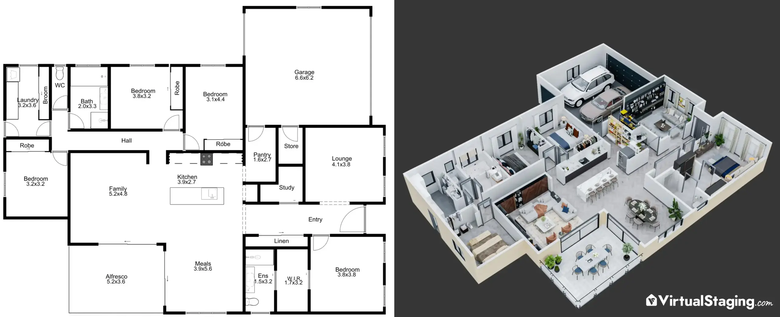 An image depicting a 2D and 3D floor plan of a house
