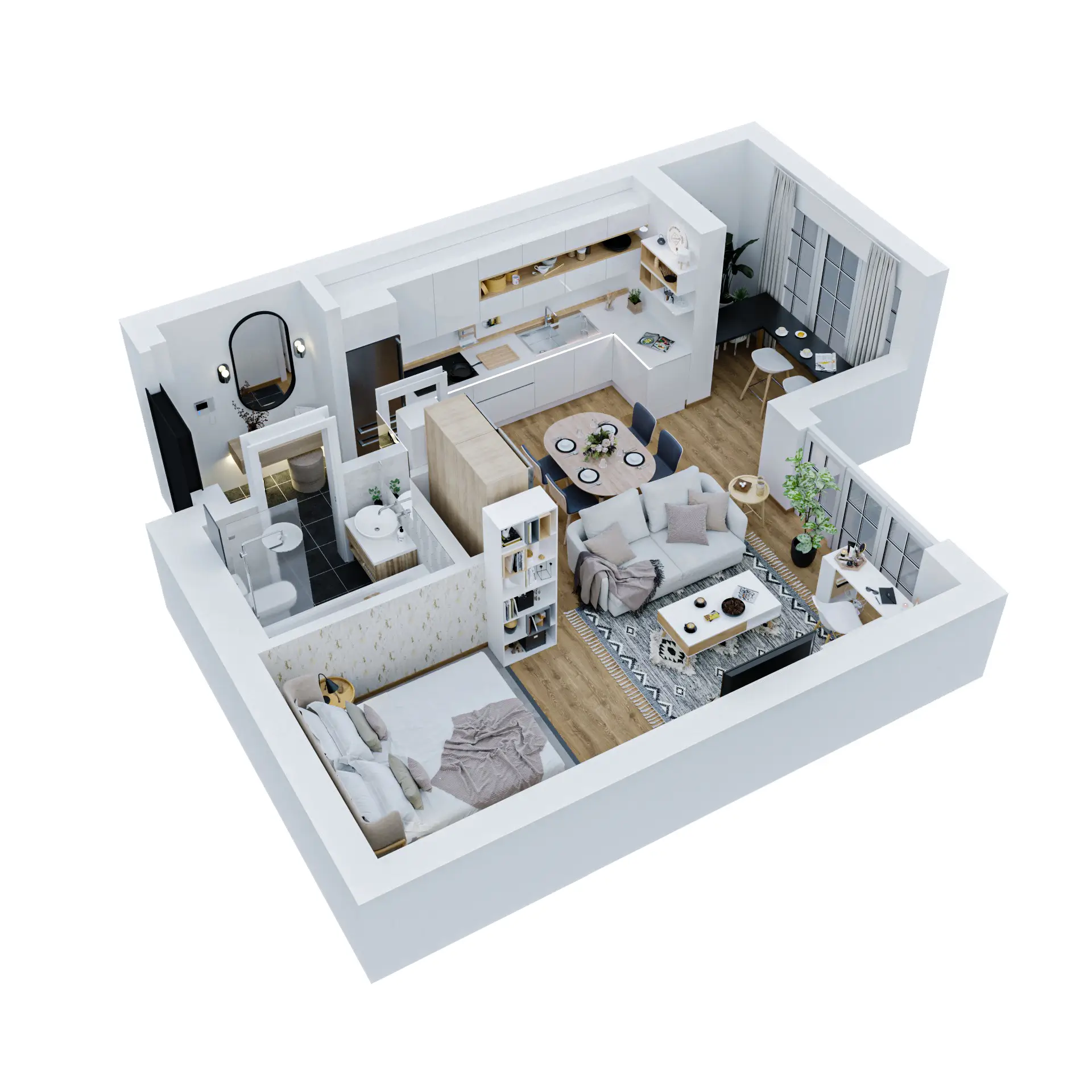 3D floor plan of a studio apartment