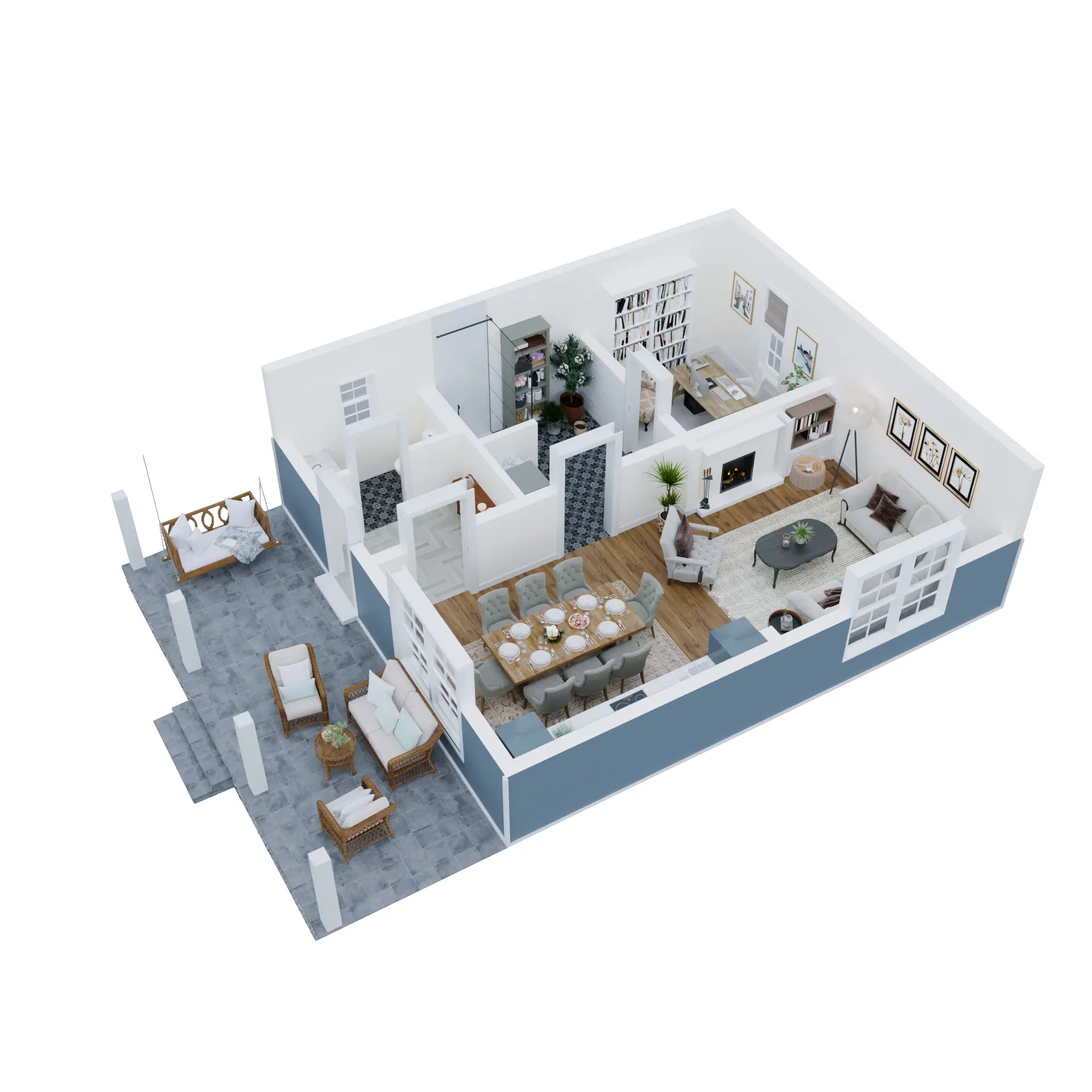 3D floor plan of the downstairs area in the house