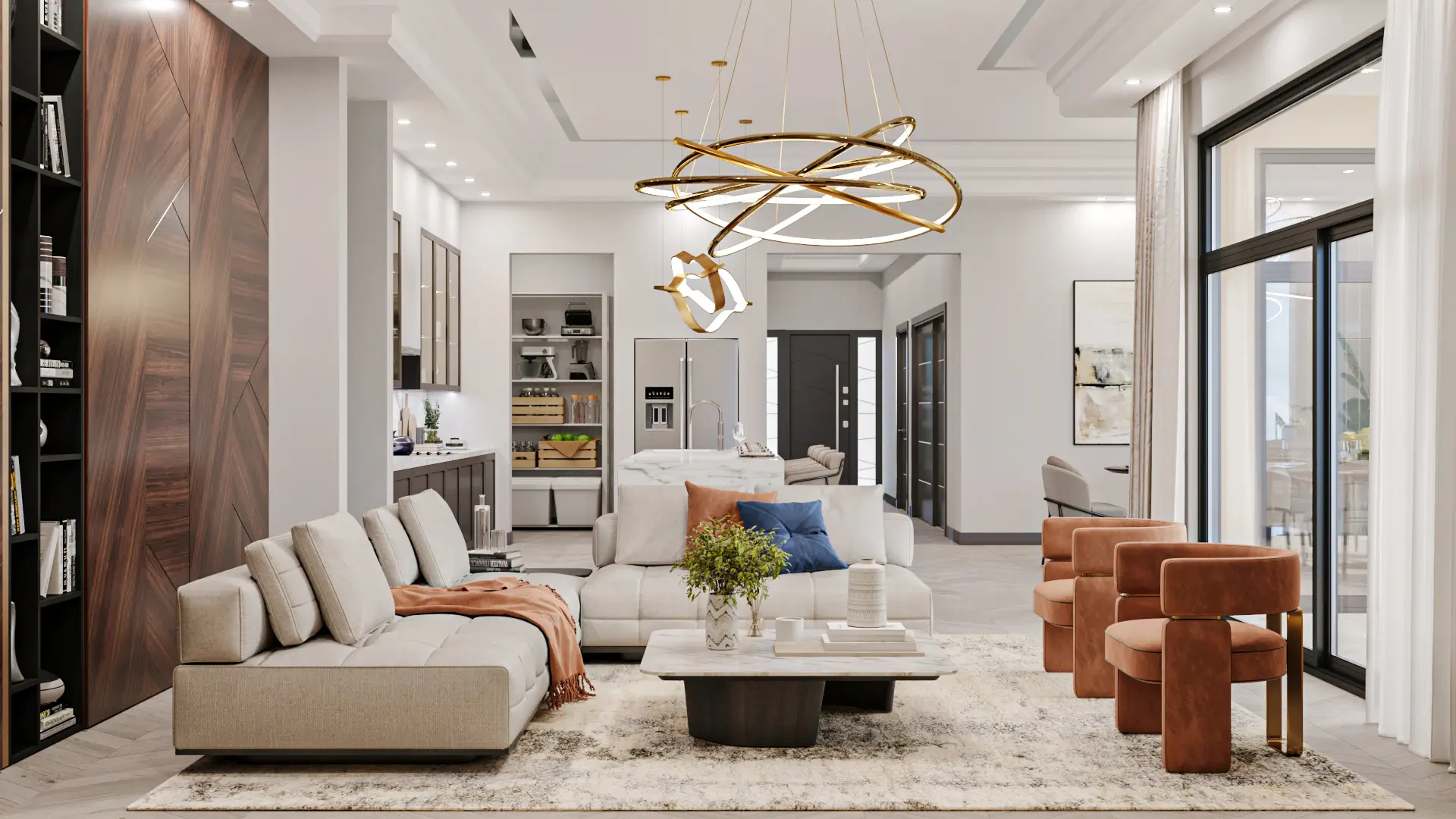 An image depicting a full rendering of living room from a 3D floor plan of the house