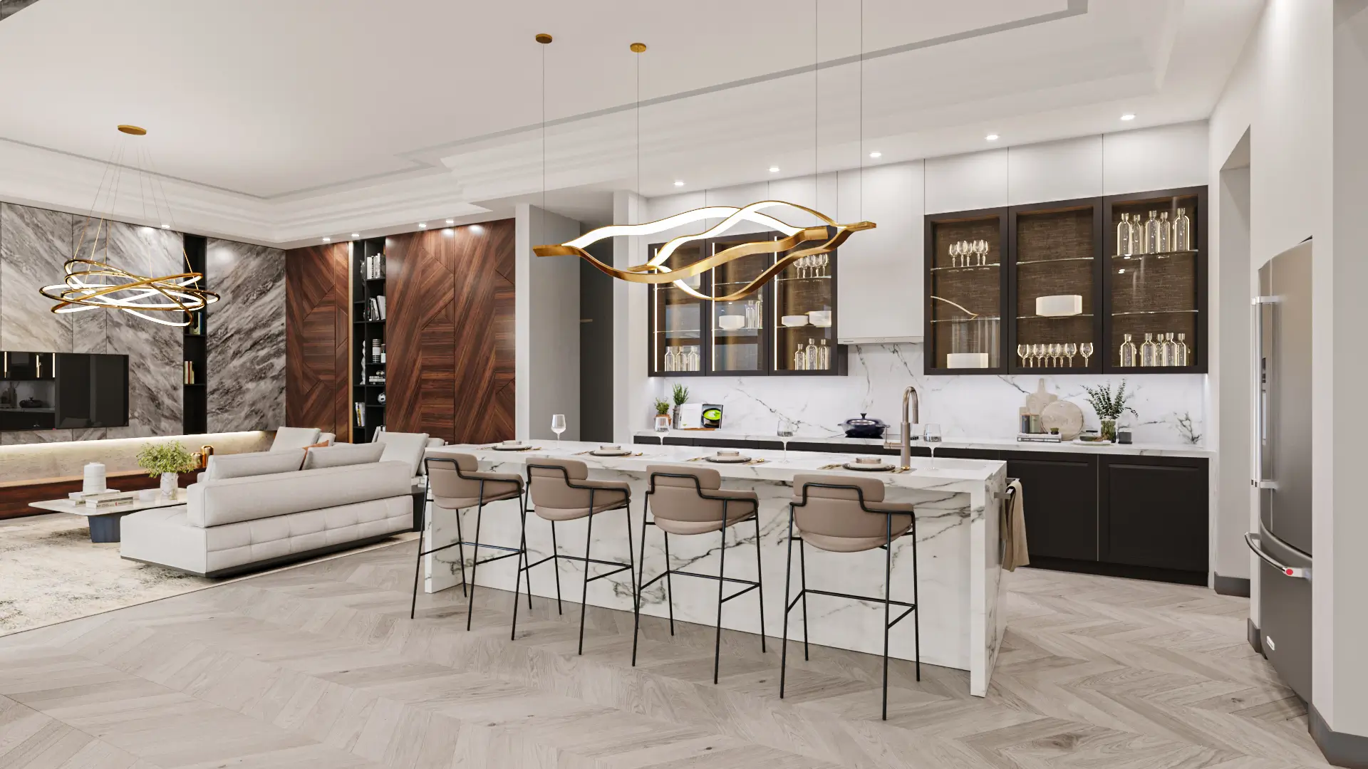 An image depicting a full rendering of kitchen from a 3D floor plan of the house