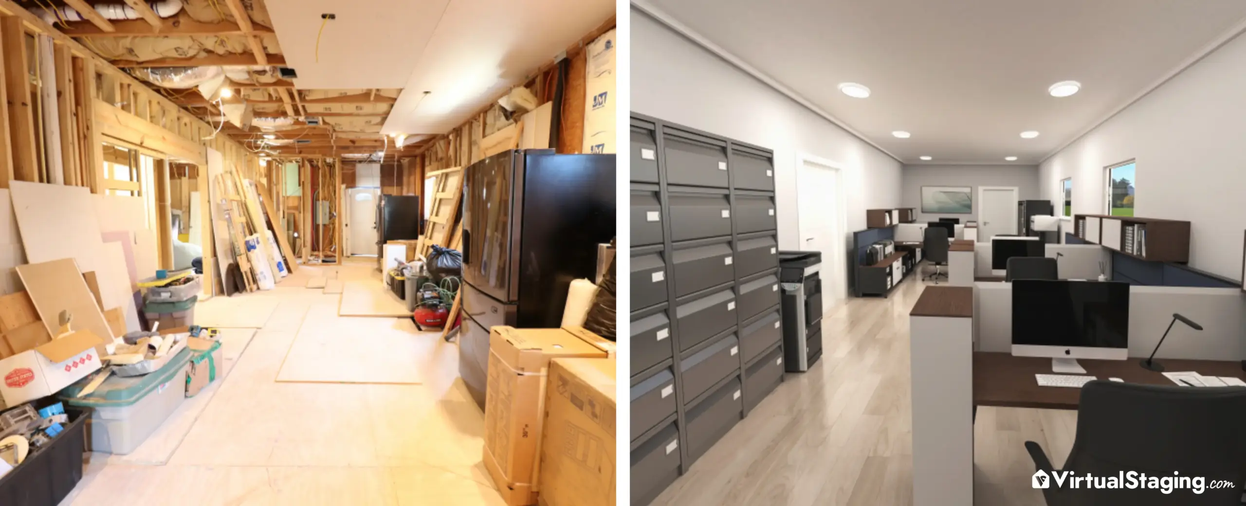 A before and after image of a an unfinished build turned into a commercial office through virtual renovation