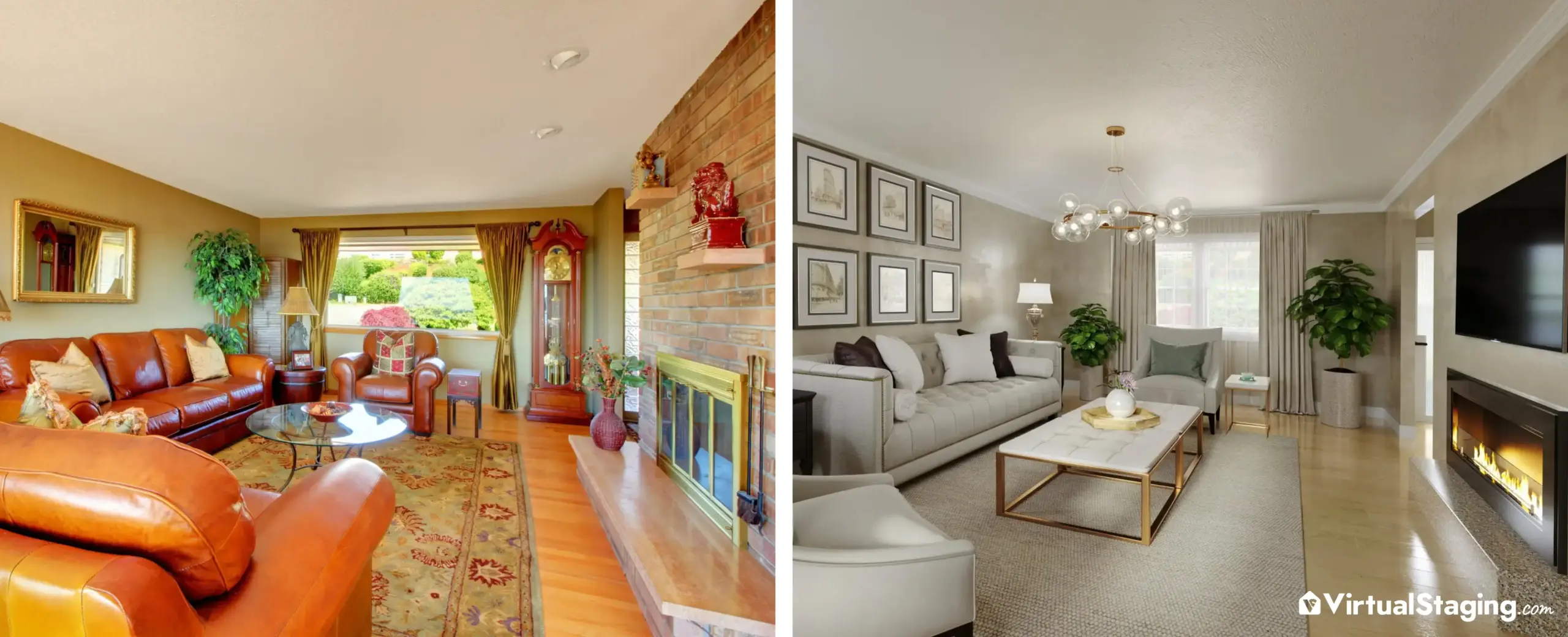 A before and after image of a living room that's been modernized and updated through virtual renovation