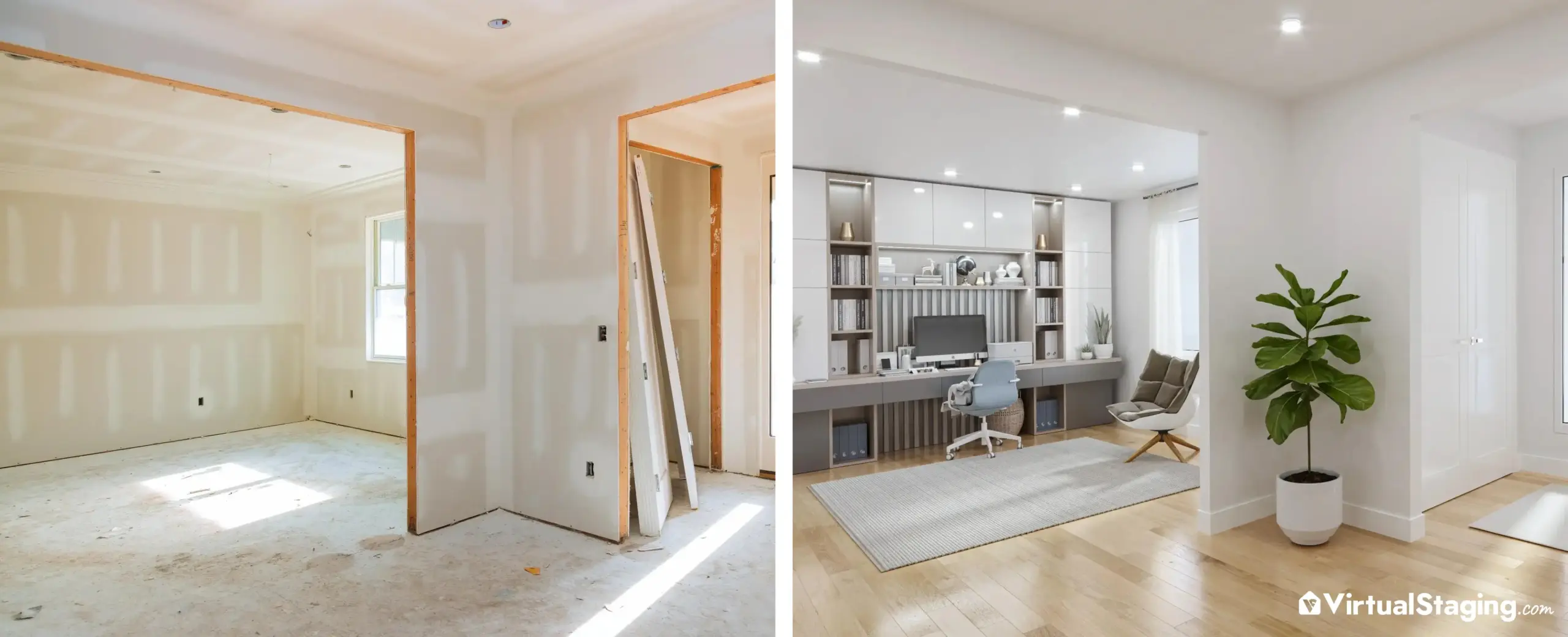 A before and after image of an under-construction home with entry and home office visible in the photo. The home has been virtually renovated in the after image.