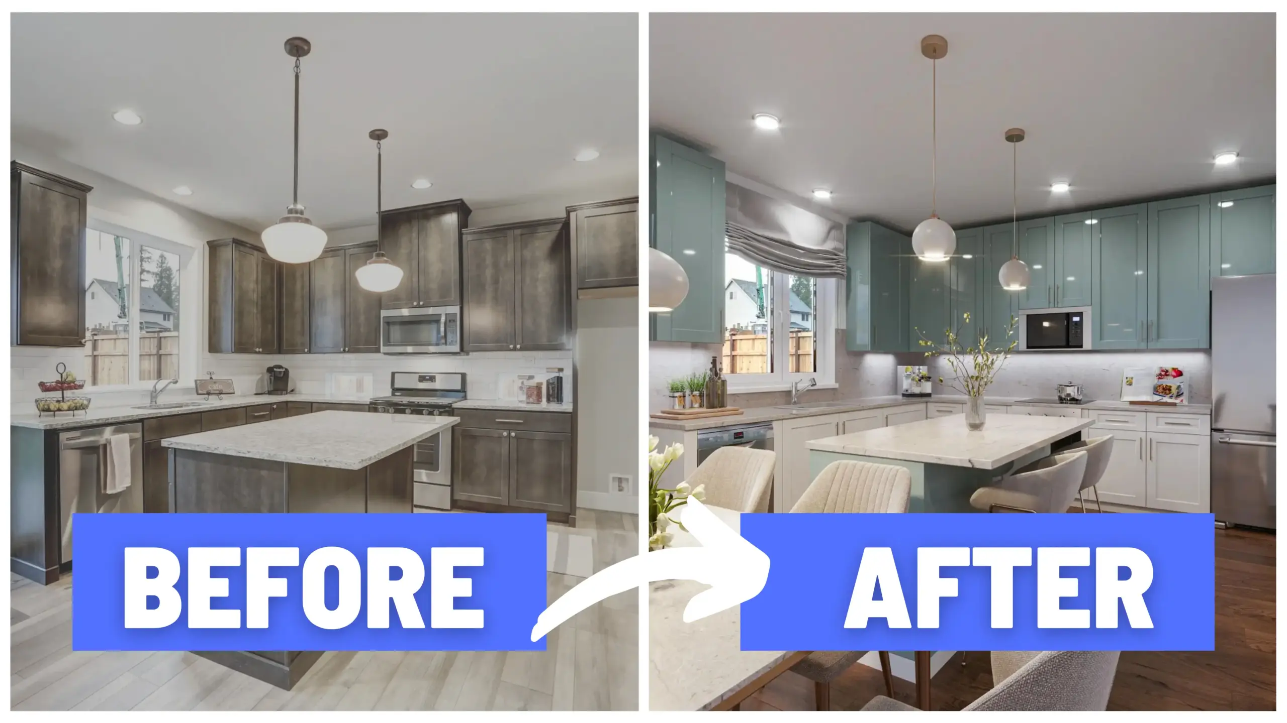 A before and after image of a kitchen that underwent virtual renovation
