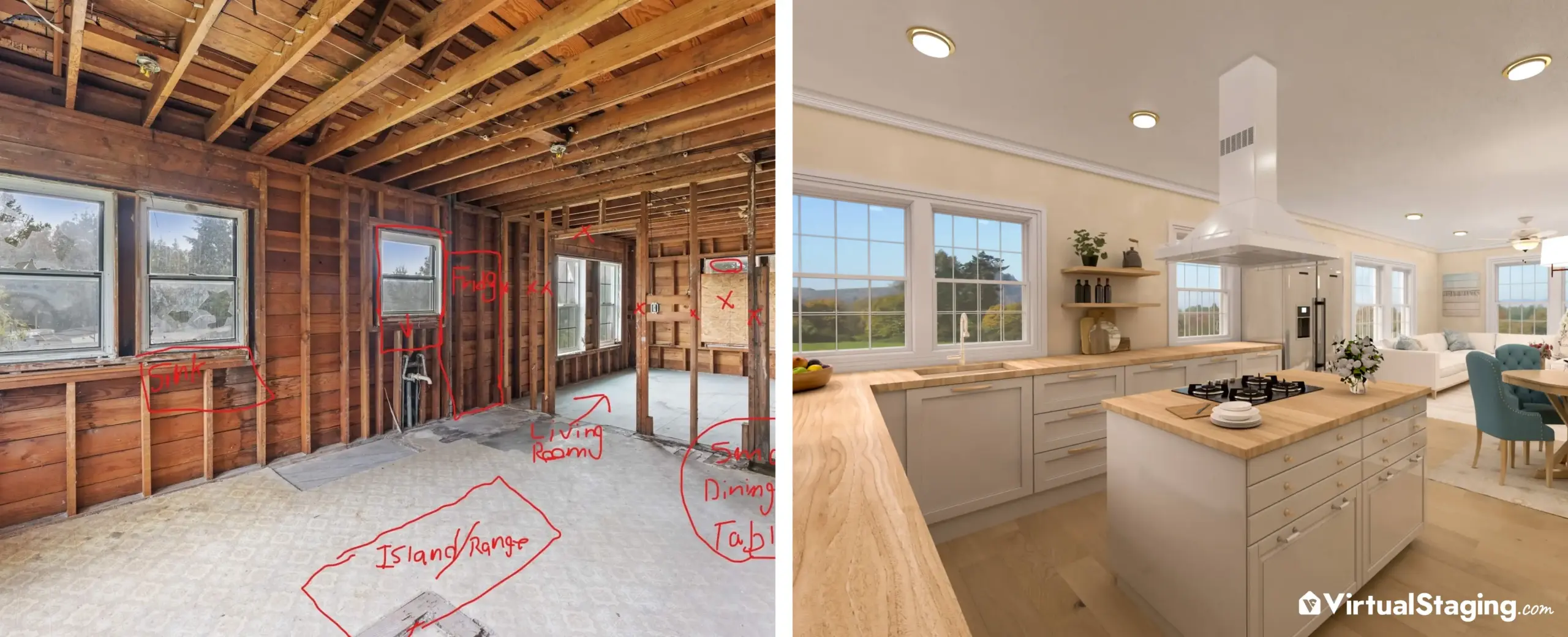 A before and after transformation of a kitchen. The before image shows a kitchen that's unfinished, the after image shows a kitchen that underwent virtual remodeling.