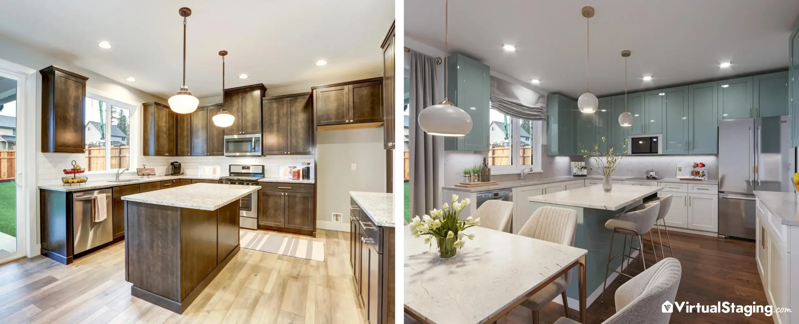 A before and after image of a kitchen that underwent virtual remodeling