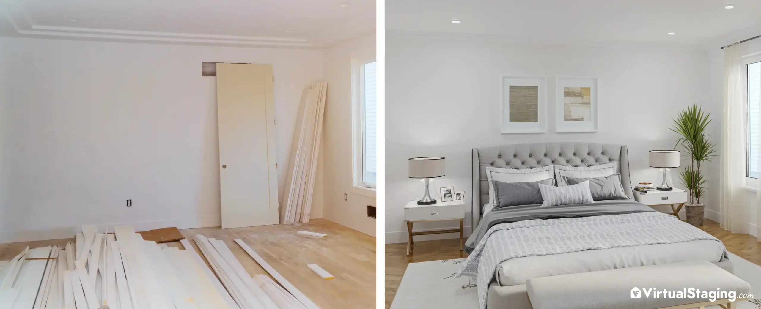 A before and after image of a bedroom that's still under construction that's been completed through virtual renovation