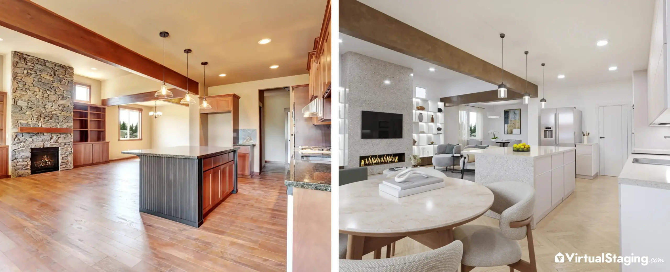 A before and after image of an open-space living area that's underwent virtual renovation to be modernized