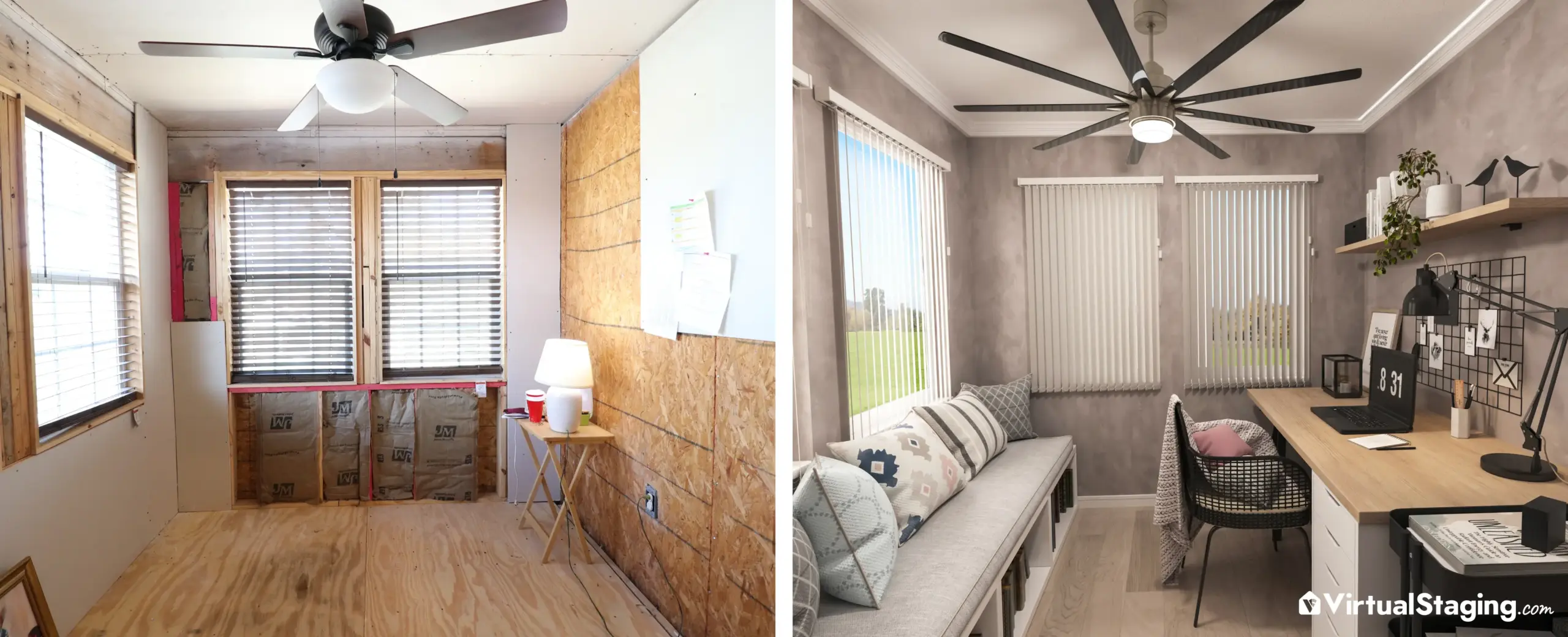 A before and after image of an under-construction home office that underwent virtual renovation
