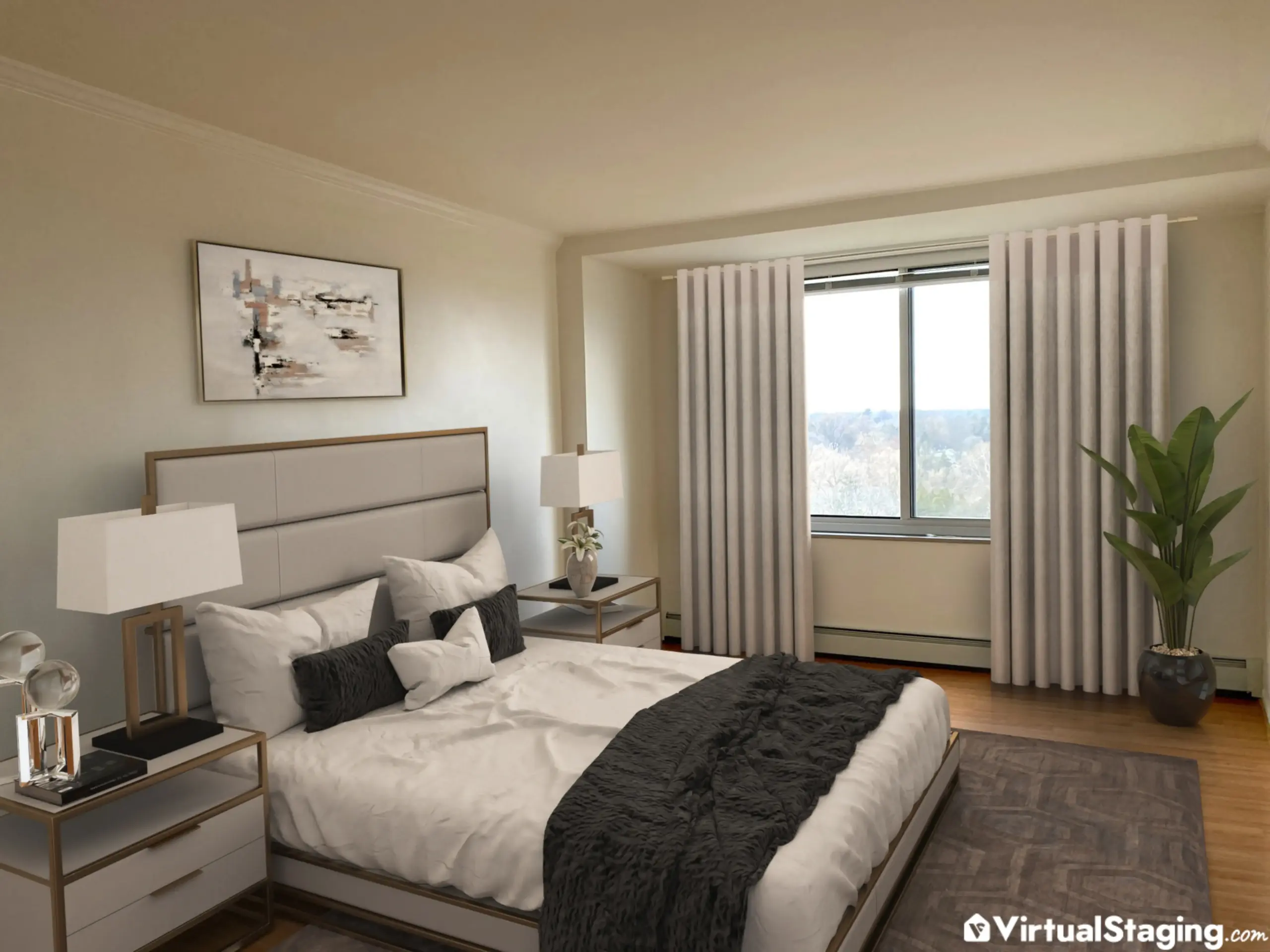 Virtually staged bedroom in a neutral color palette