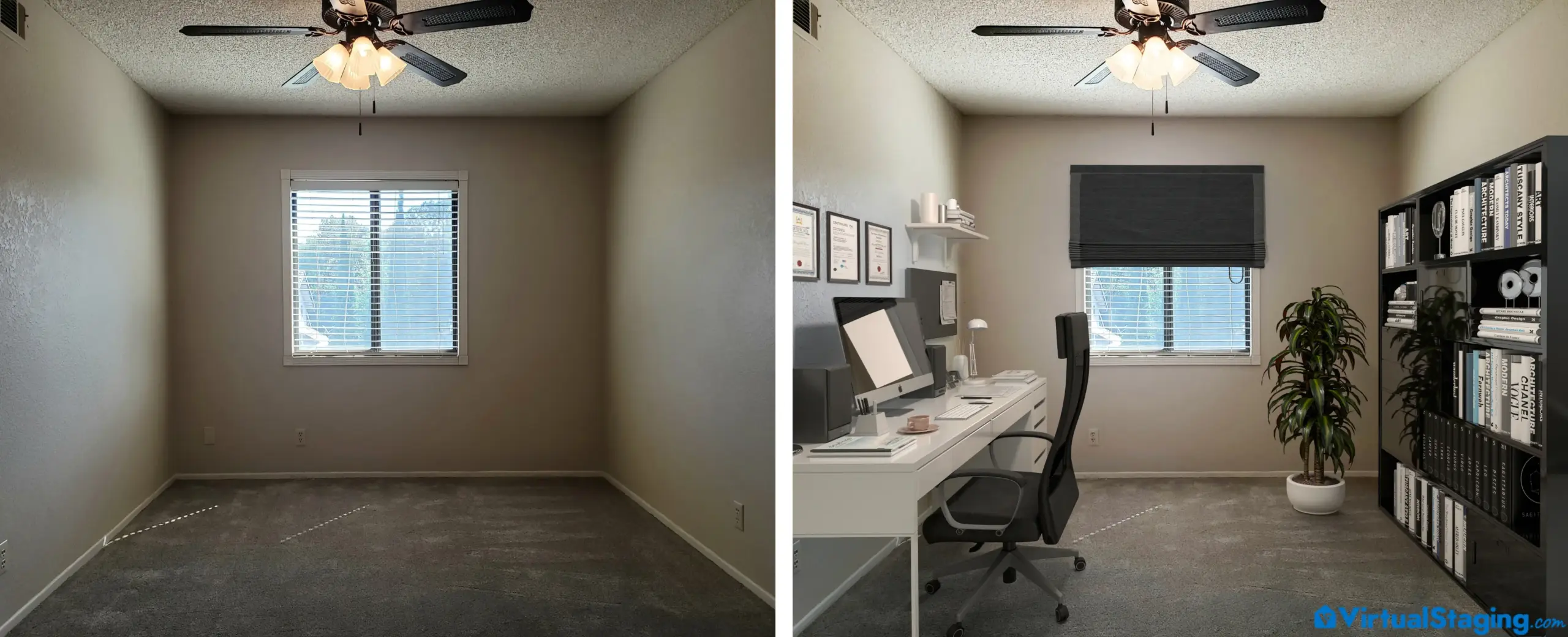 A before and after image of a home office that has been virtually staged