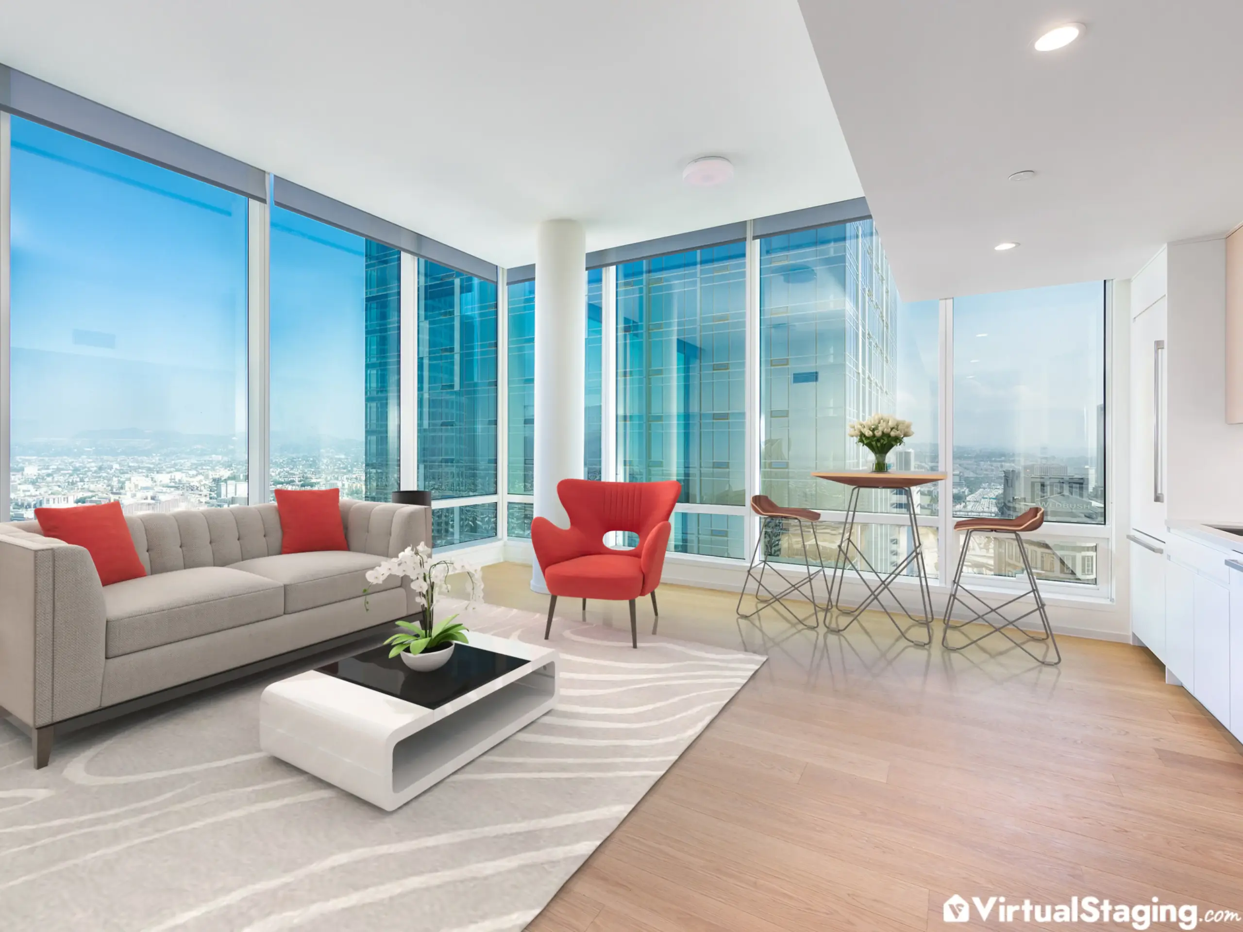 Virtual staging example of a condo apartment, living and dining area visible in the image.
