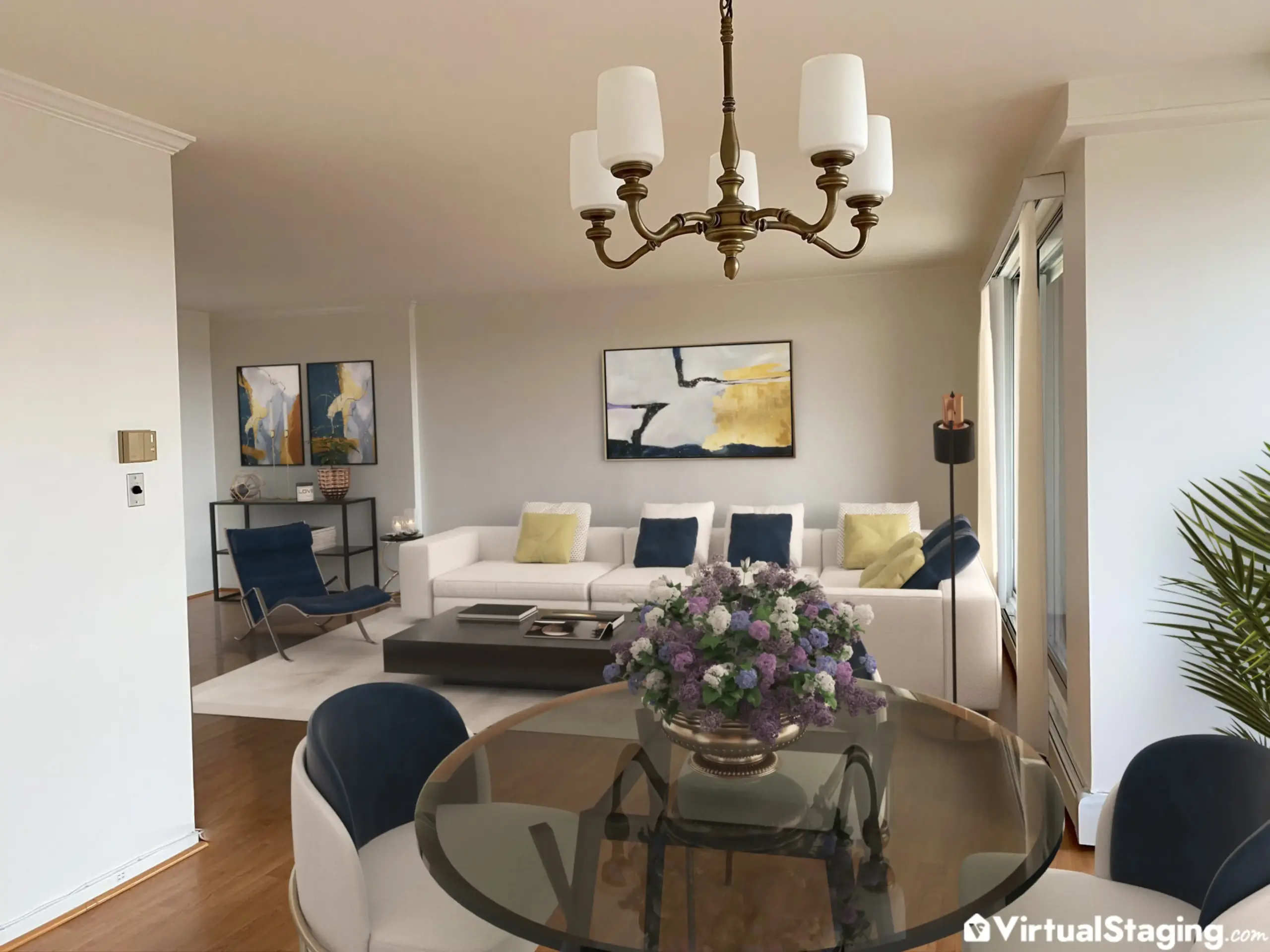 Virtually staged living and dining area