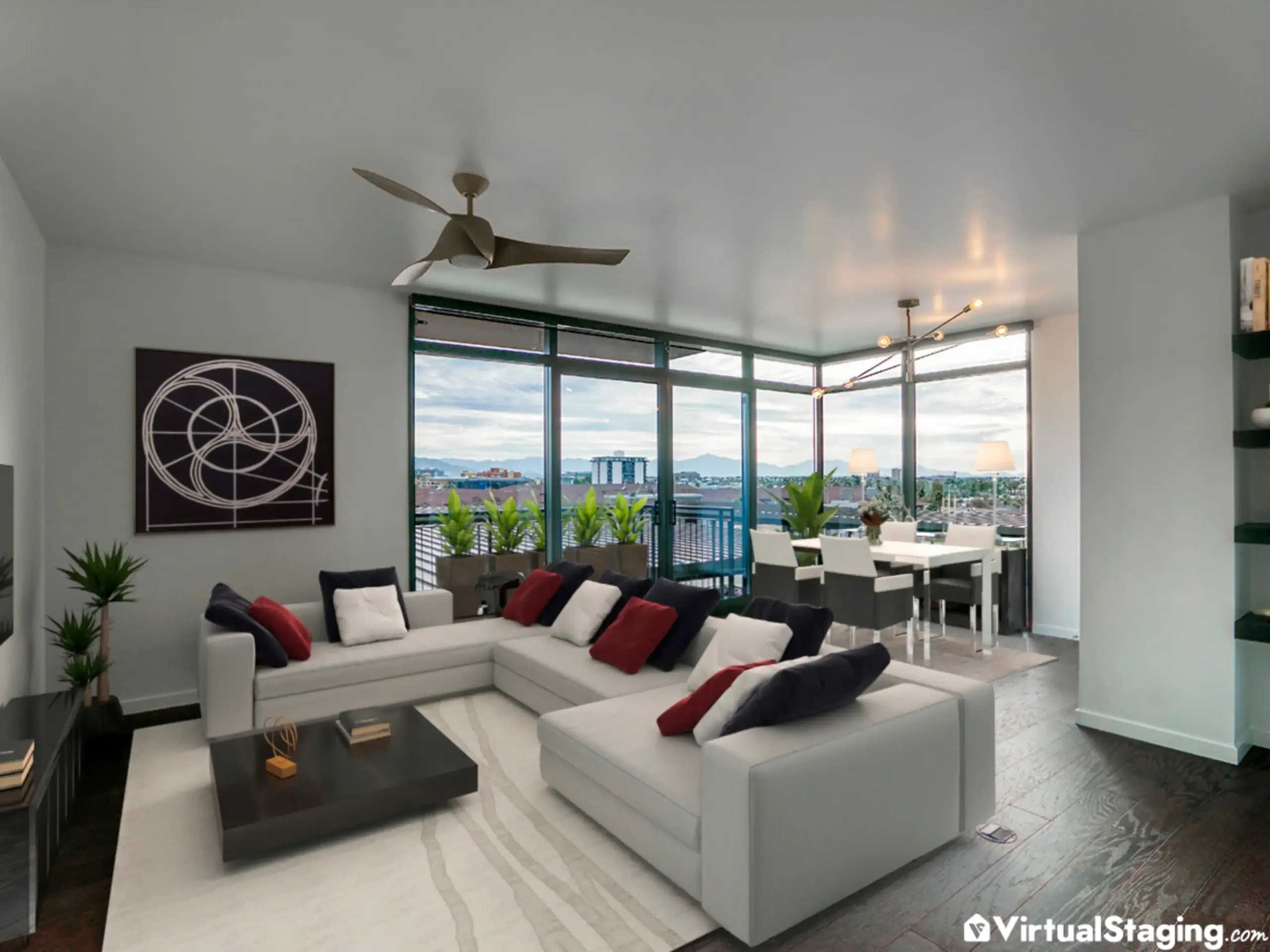Virtually staged living and dining area in a modern style of interior design