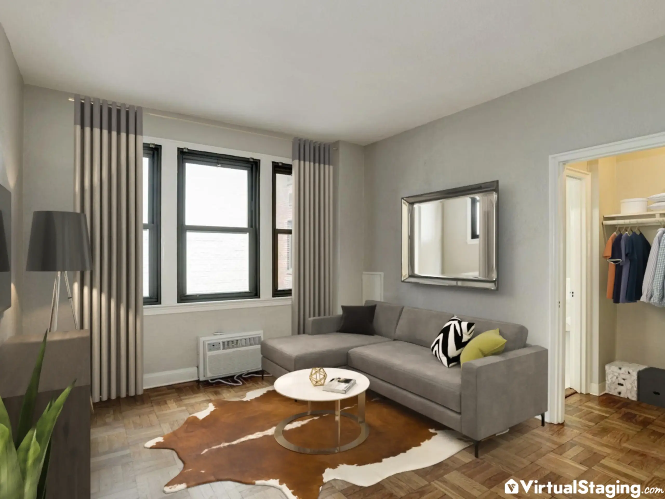 Virtually staged living room of a small apartment in an urban style of interior design