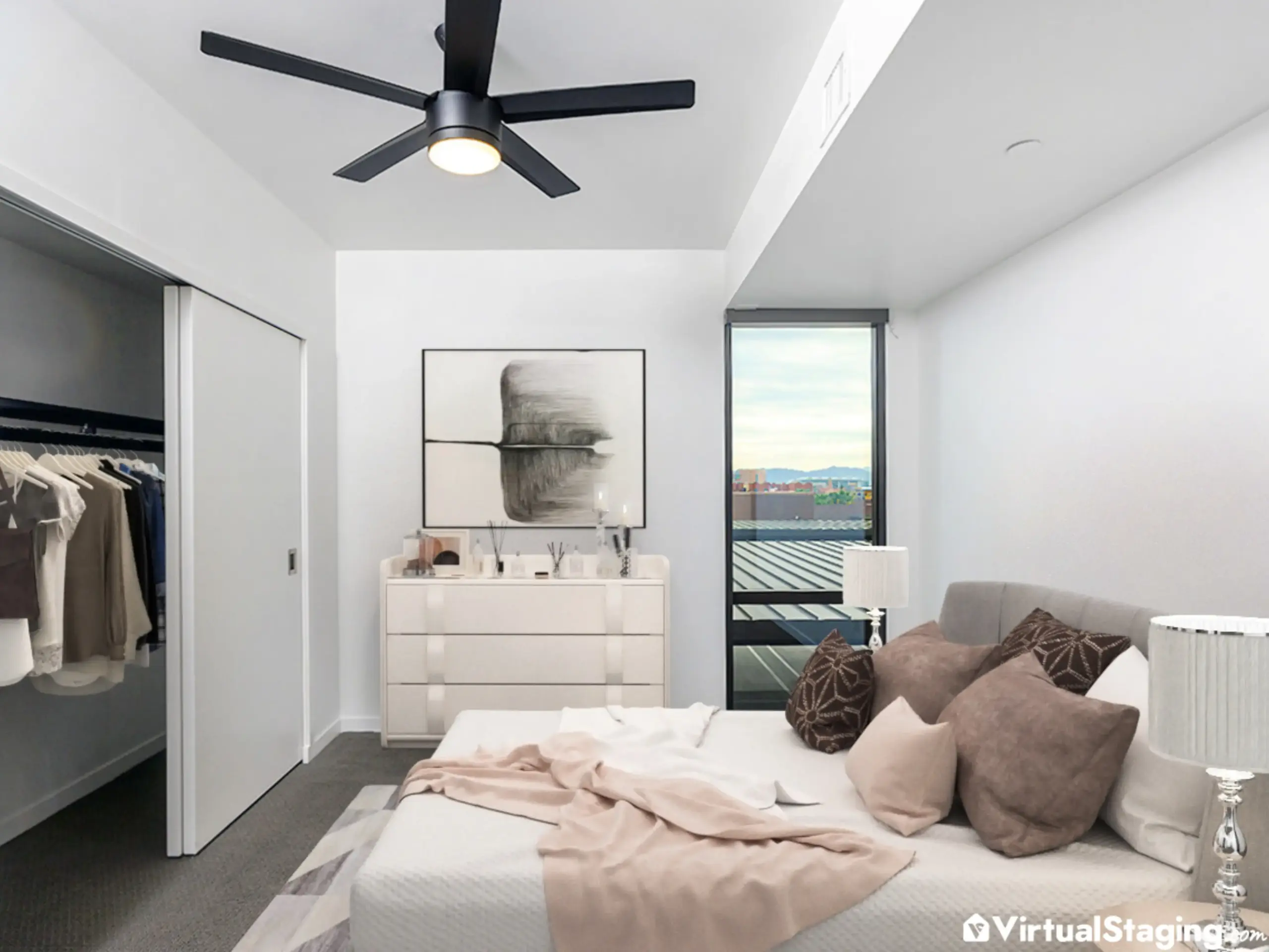 Virtually staged primary bedroom in an apartment