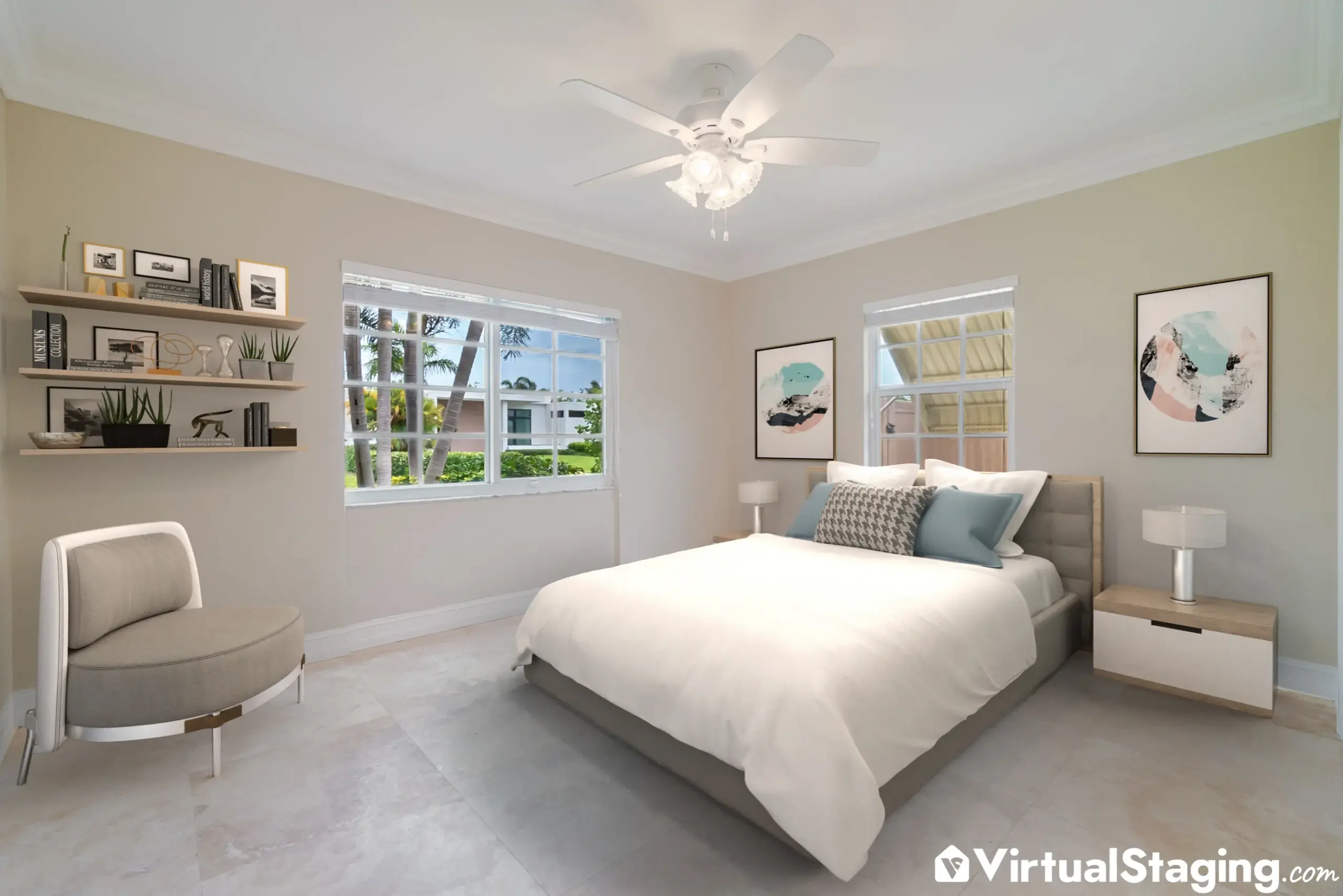 A bedroom that's been virtually staged in the Scandinavian style of interior design