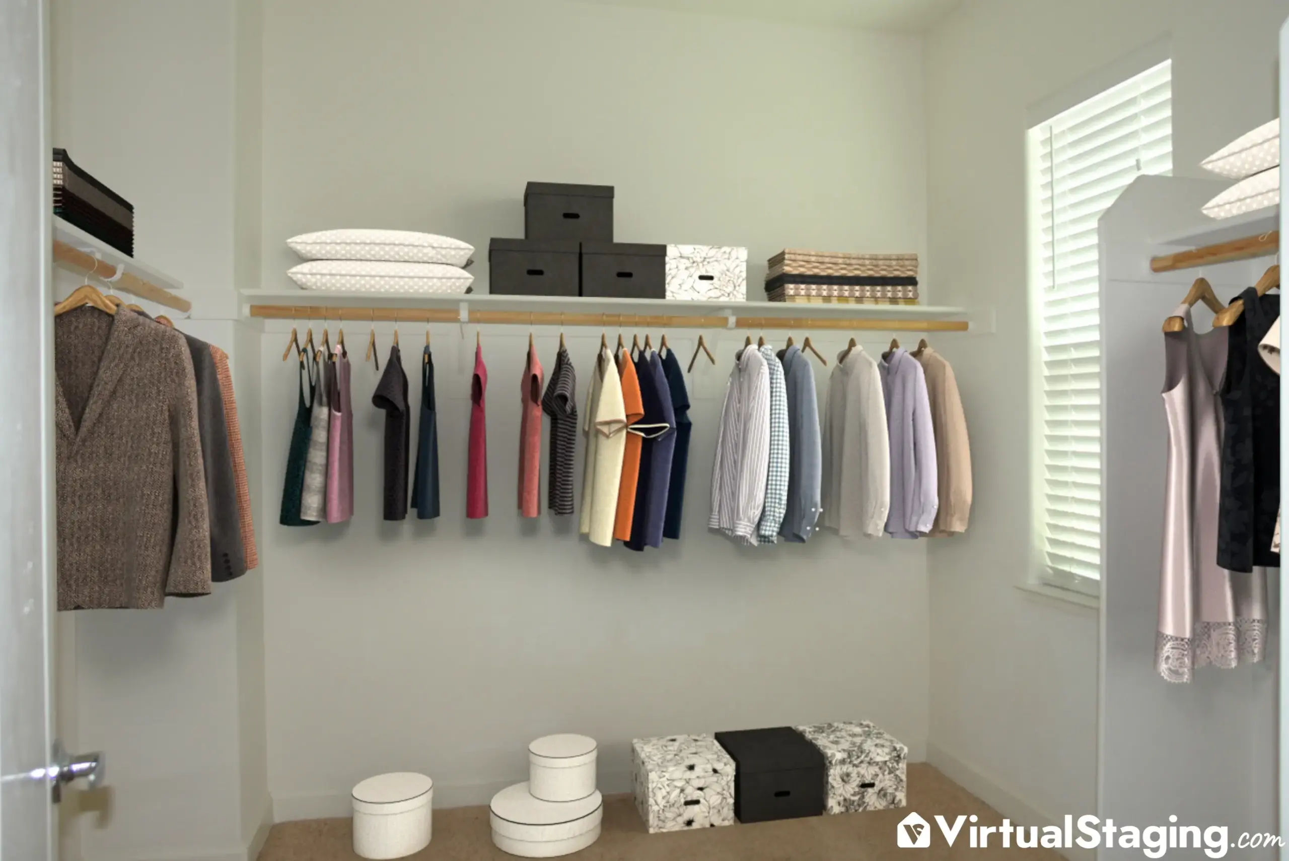 A walk-in closet virtually staged