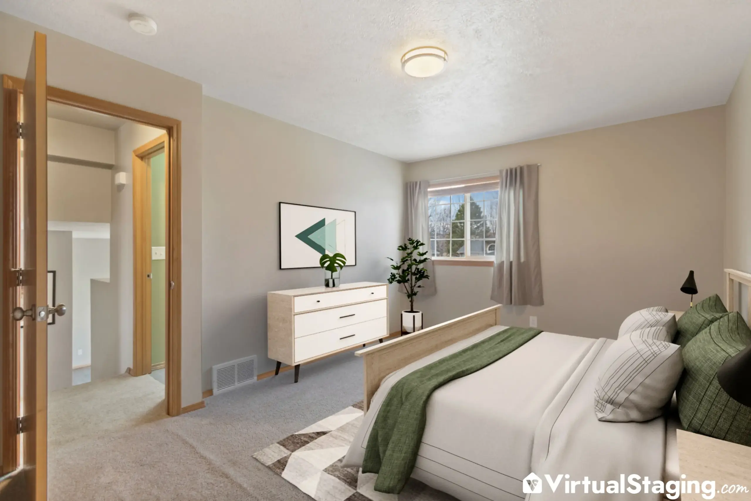 A master bedroom that's been virtually staged in the Scandinavian style of interior design with pops of green