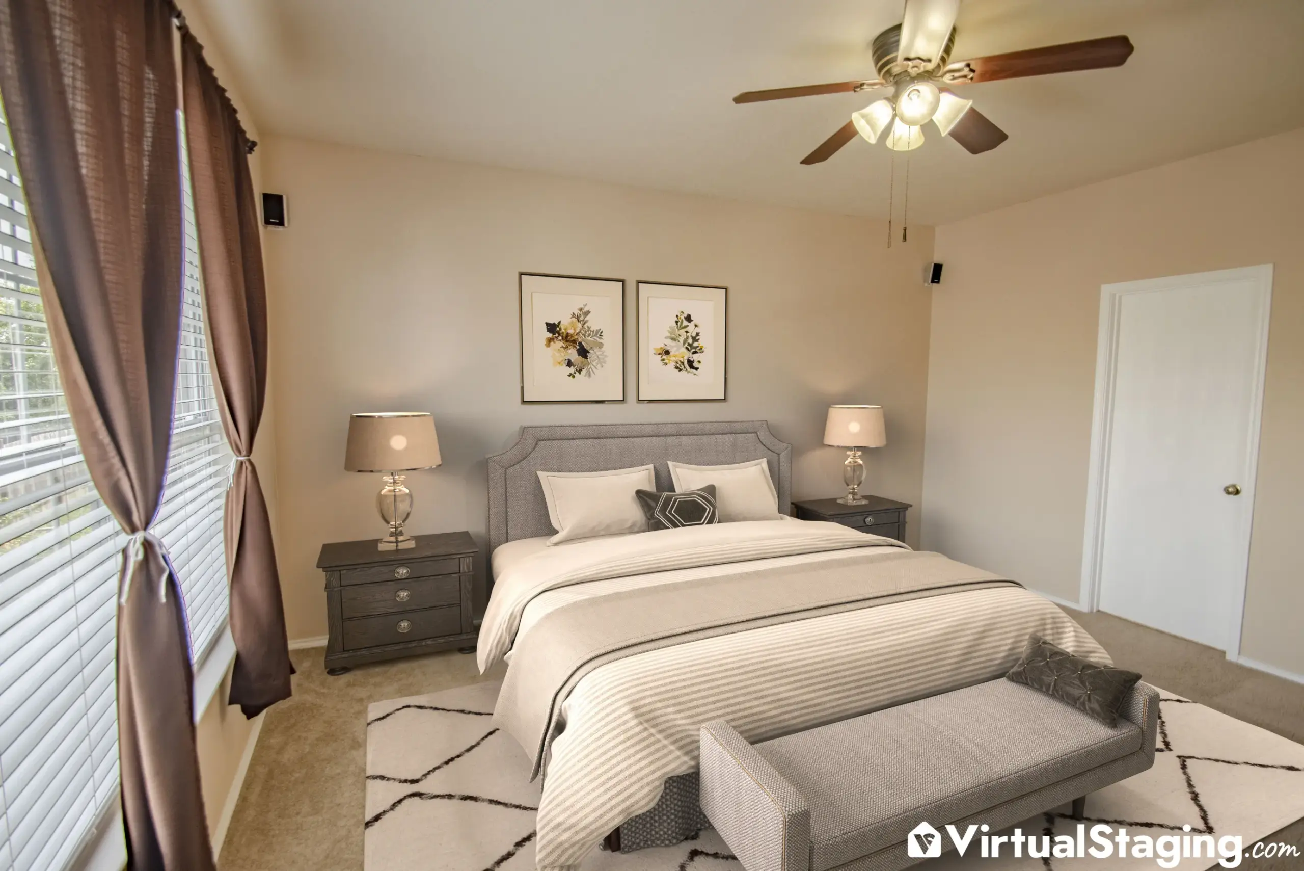 A master bedroom digitally staged in a minimalist way