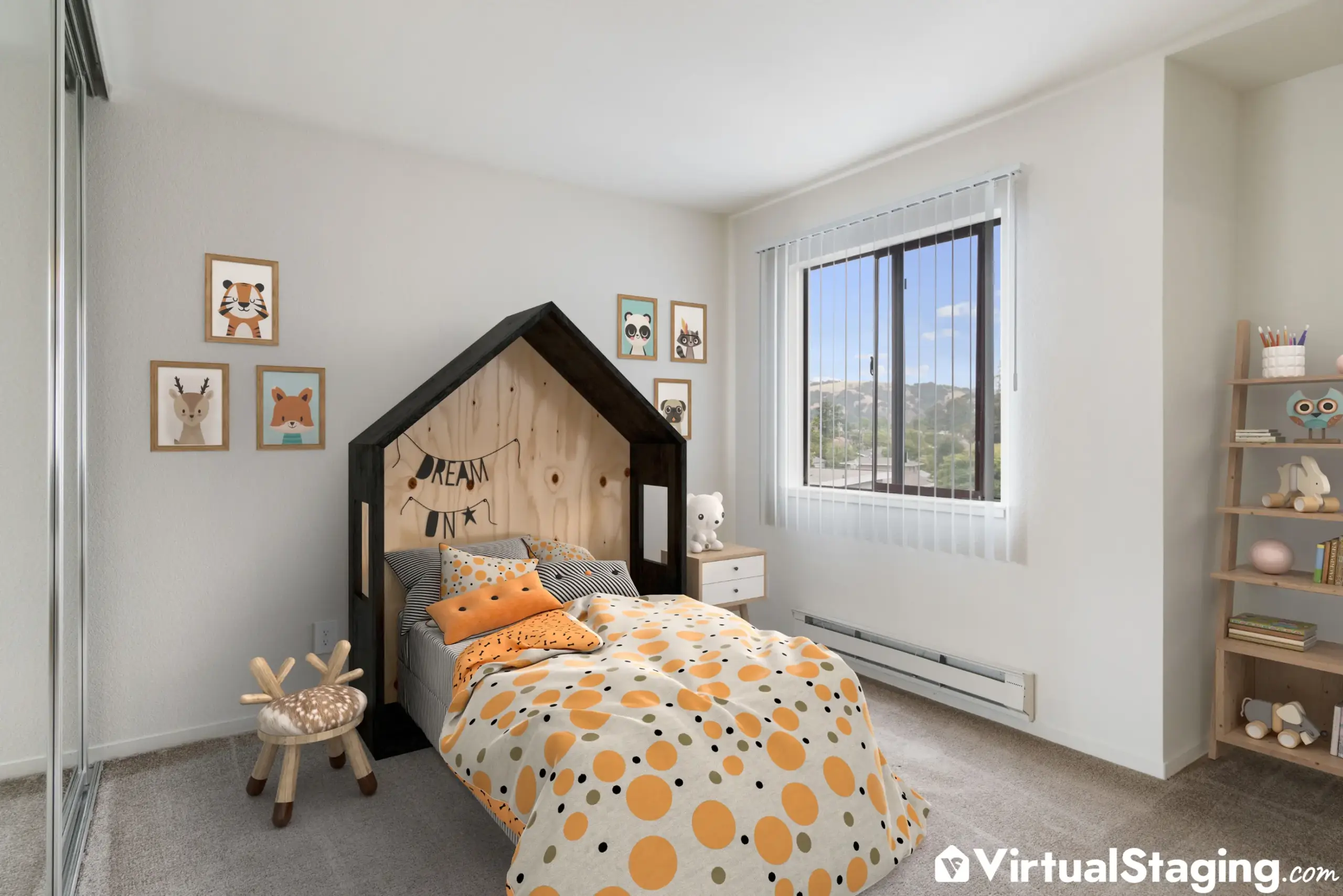 A Child's bedroom that's been virtually staged in the Scandinavian style of interior design