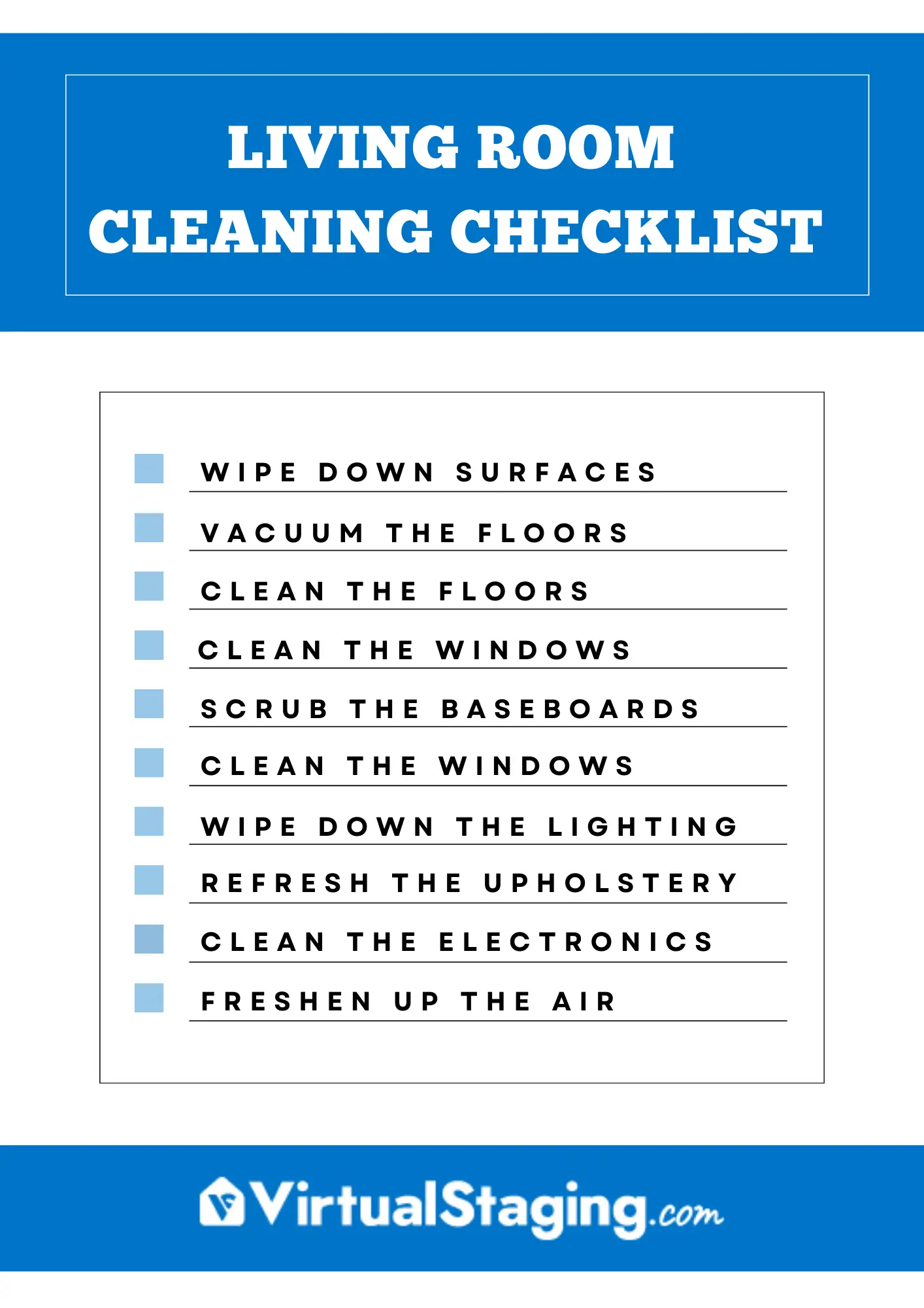 Living Room Cleaning Checklist created by VirtualStaging.com