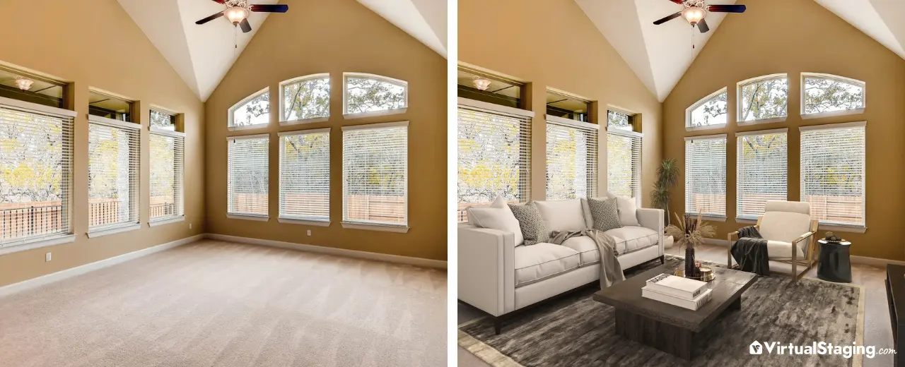 Living Room before and after transformation done with virtual staging