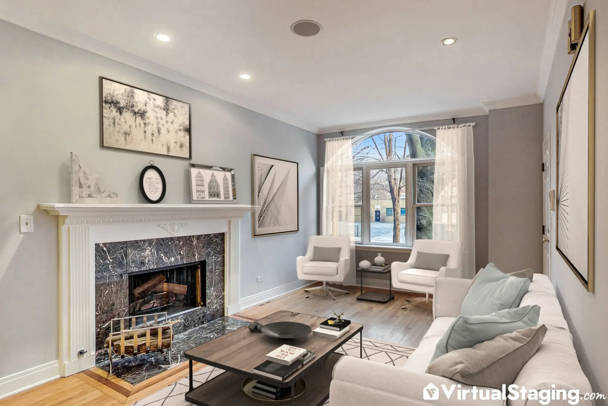 An image of a living room with fireplace staged virtually