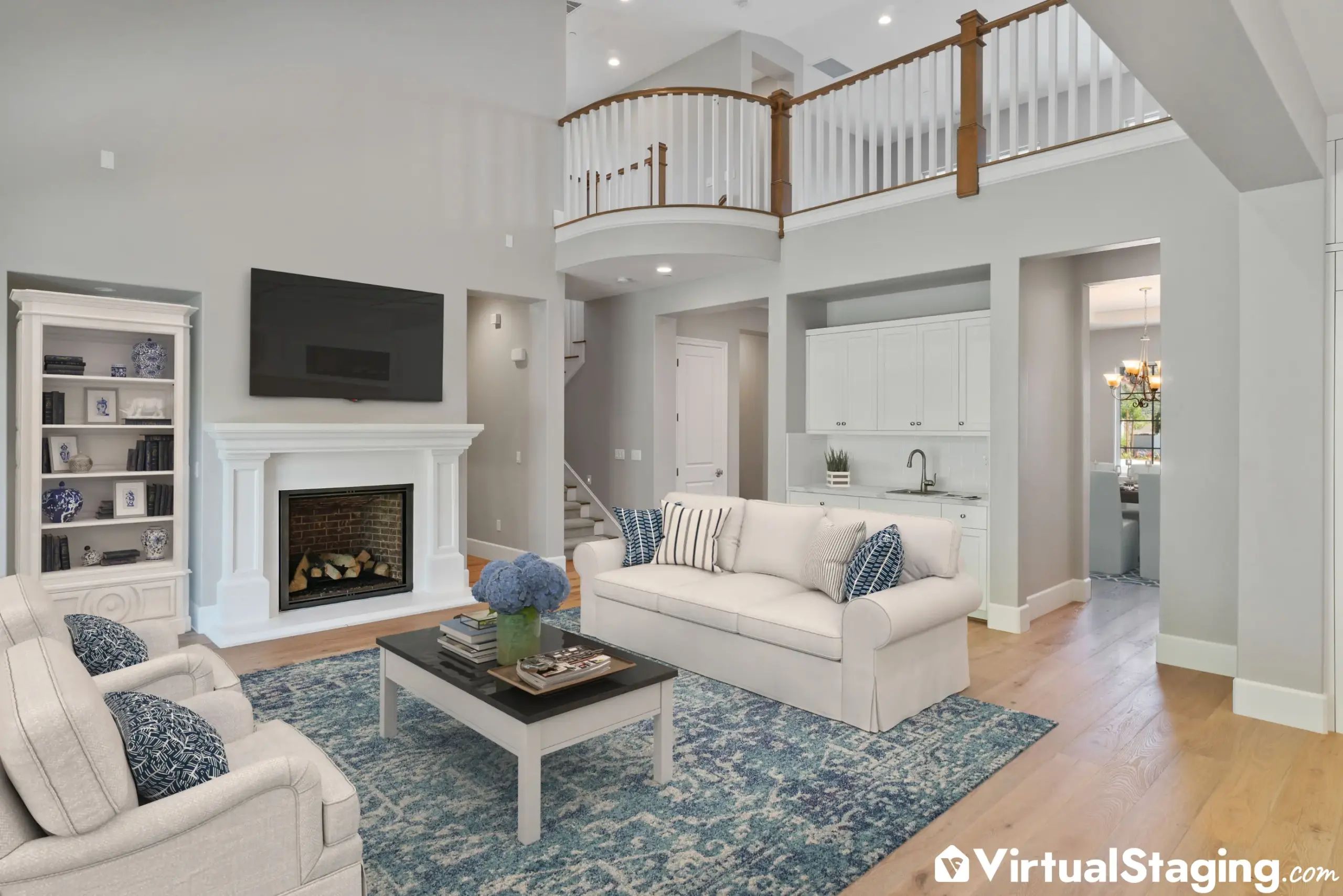 An image of a virtually staged living room with a fireplace